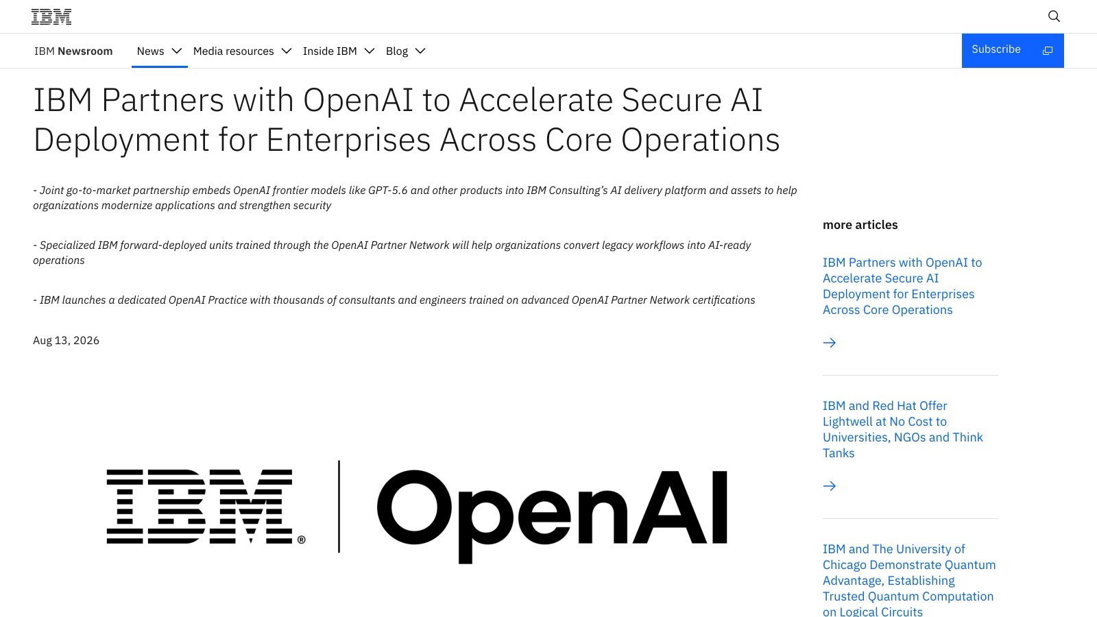 Le communiqué officiel IBM du 13 août 2026 annonce le partenariat stratégique avec OpenAI et l’intégration de ses produits dans IBM Consulting Advantage.