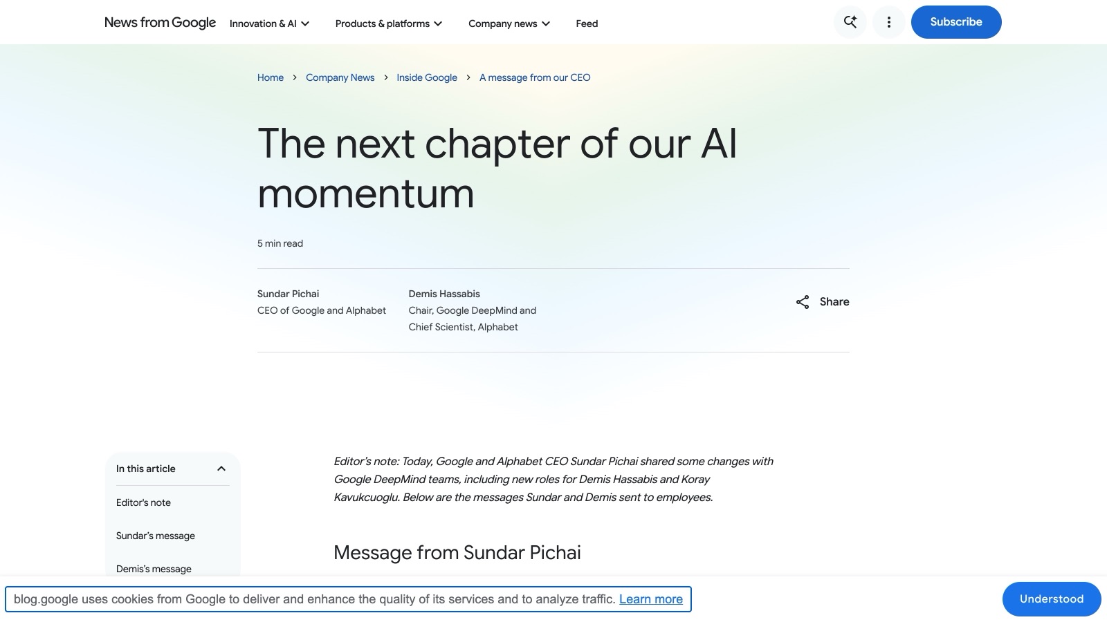 Le billet officiel publié sur blog.google le 5 août 2026. La signature de Demis Hassabis y porte déjà son nouveau titre : Chair, Google DeepMind and Chief Scientist, Alphabet.