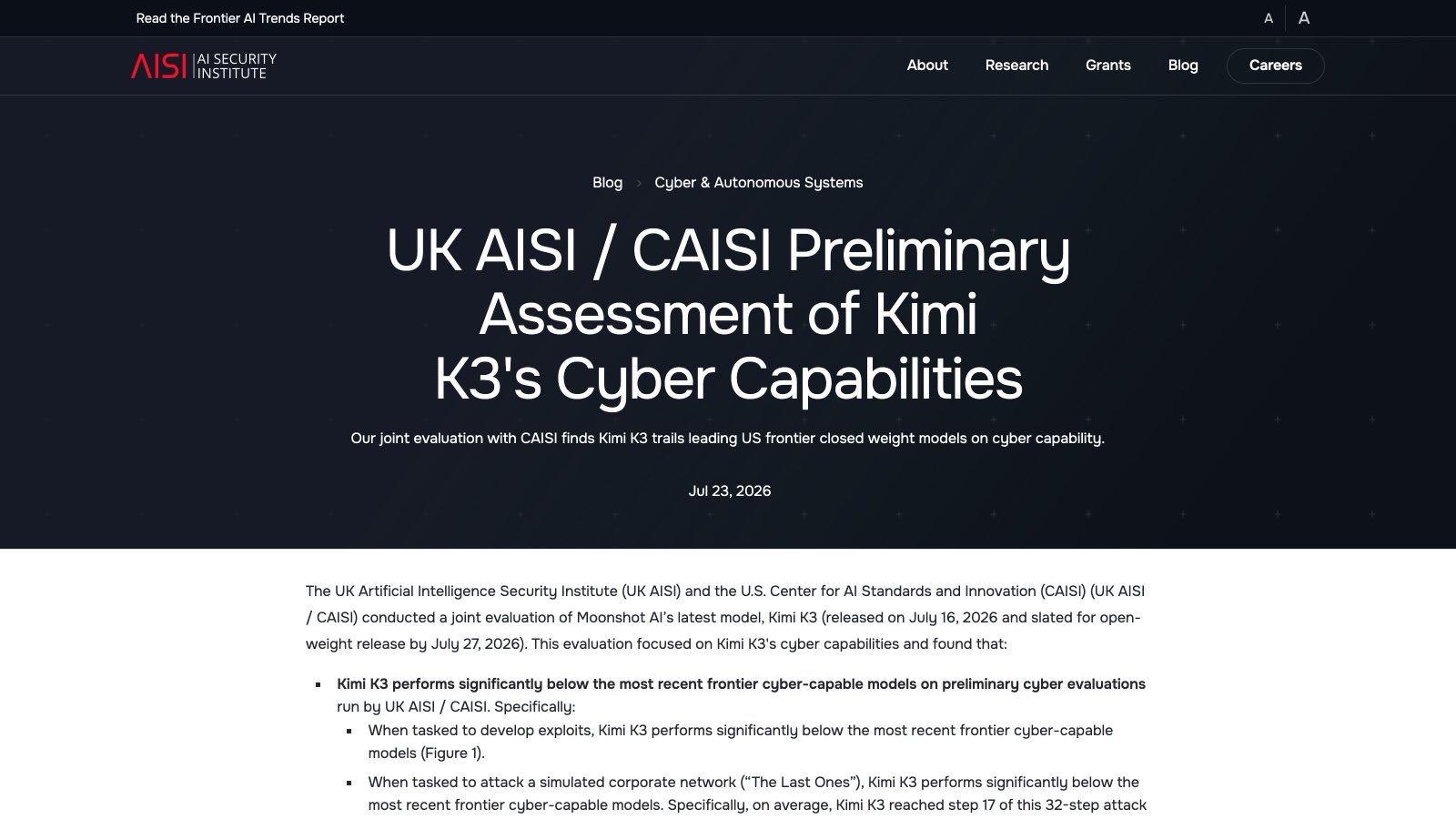 La publication du 23 juillet 2026 sur le site du UK AI Security Institute, reprise le même jour par le NIST côté américain.