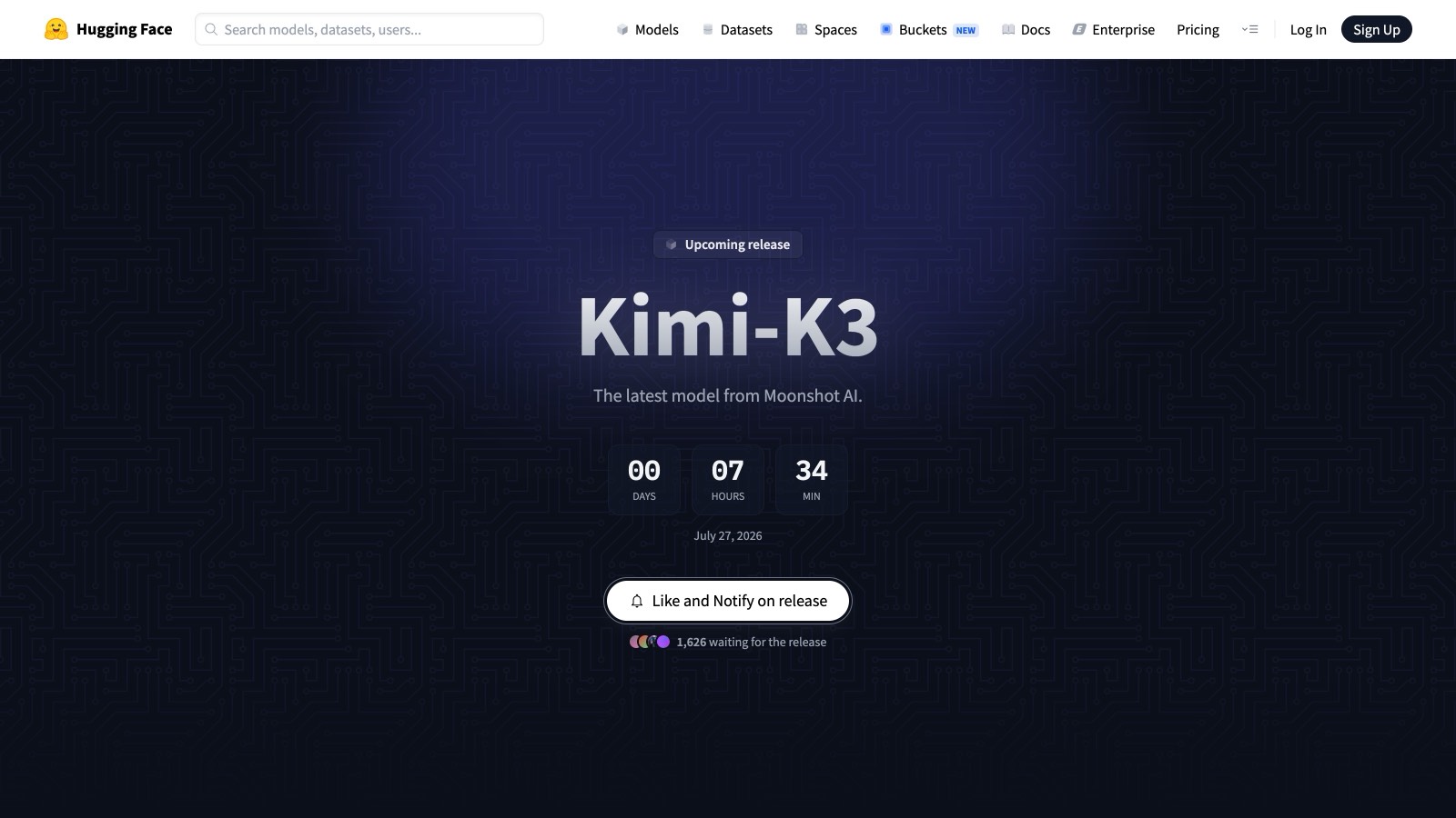 La page officielle de Kimi-K3 sur Hugging Face n'affiche pas de fichiers mais un compte à rebours vers le 27 juillet 2026, et 1 626 comptes inscrits à l'alerte.