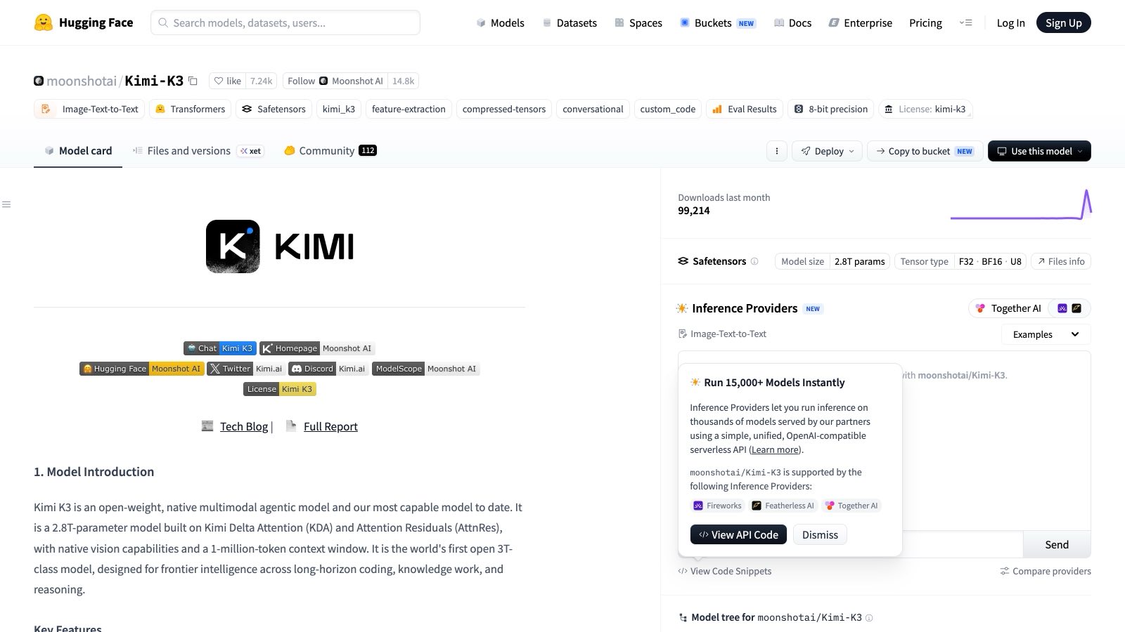 La page officielle de Kimi-K3 sur Hugging Face après la publication : la licence kimi-k3, la taille de 2,8 T de paramètres et les fournisseurs d'inférence déjà branchés sur le dépôt.