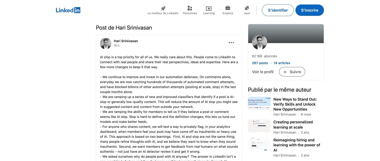 L'annonce de Hari Srinivasan, chief product officer de LinkedIn, publiée le 30 juillet 2026.