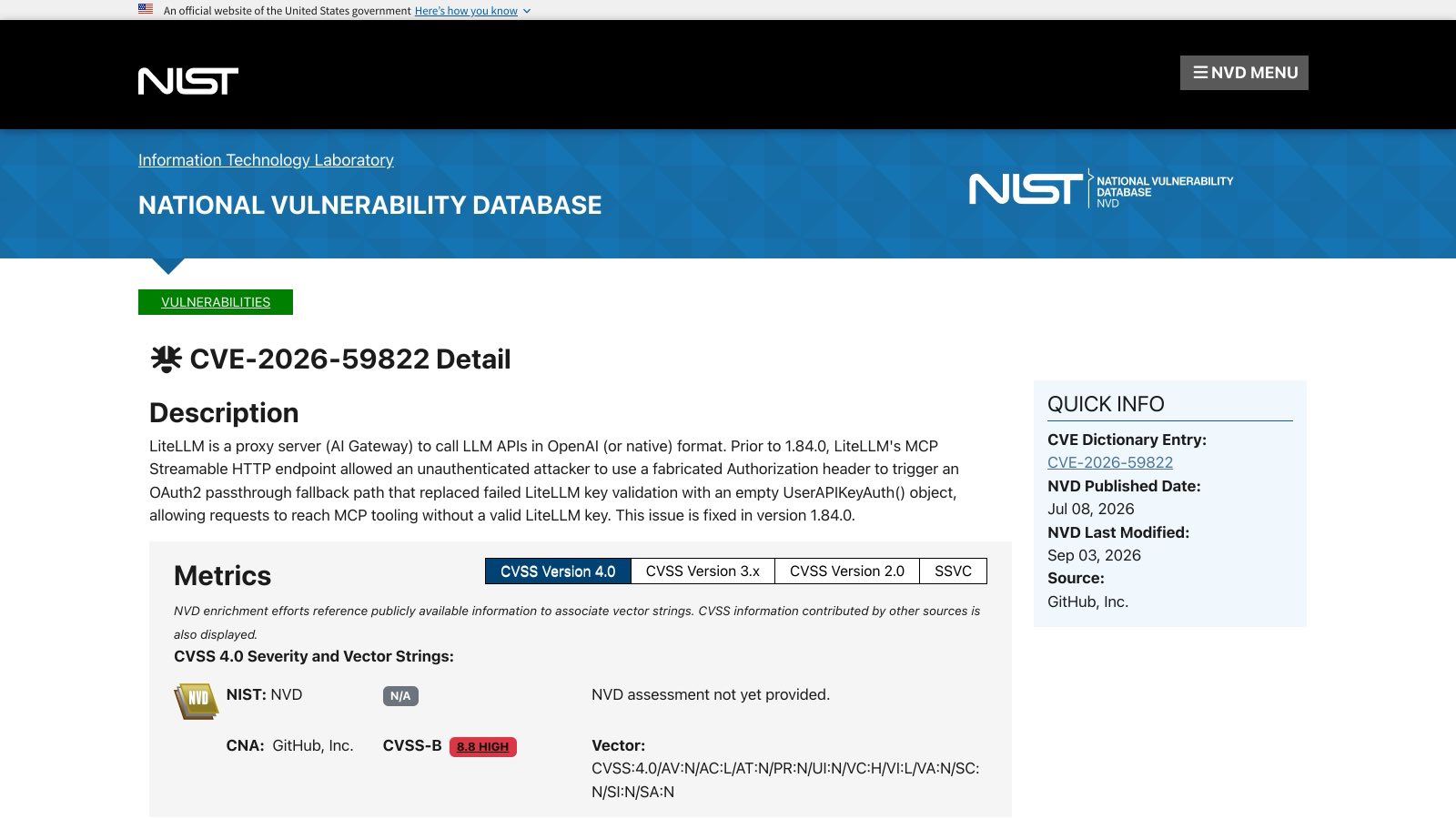 La fiche NVD de CVE-2026-59822 : contournement d'authentification dans le point de terminaison MCP de LiteLLM, CVSS 4.0 à 8,8, corrigé en 1.84.0.