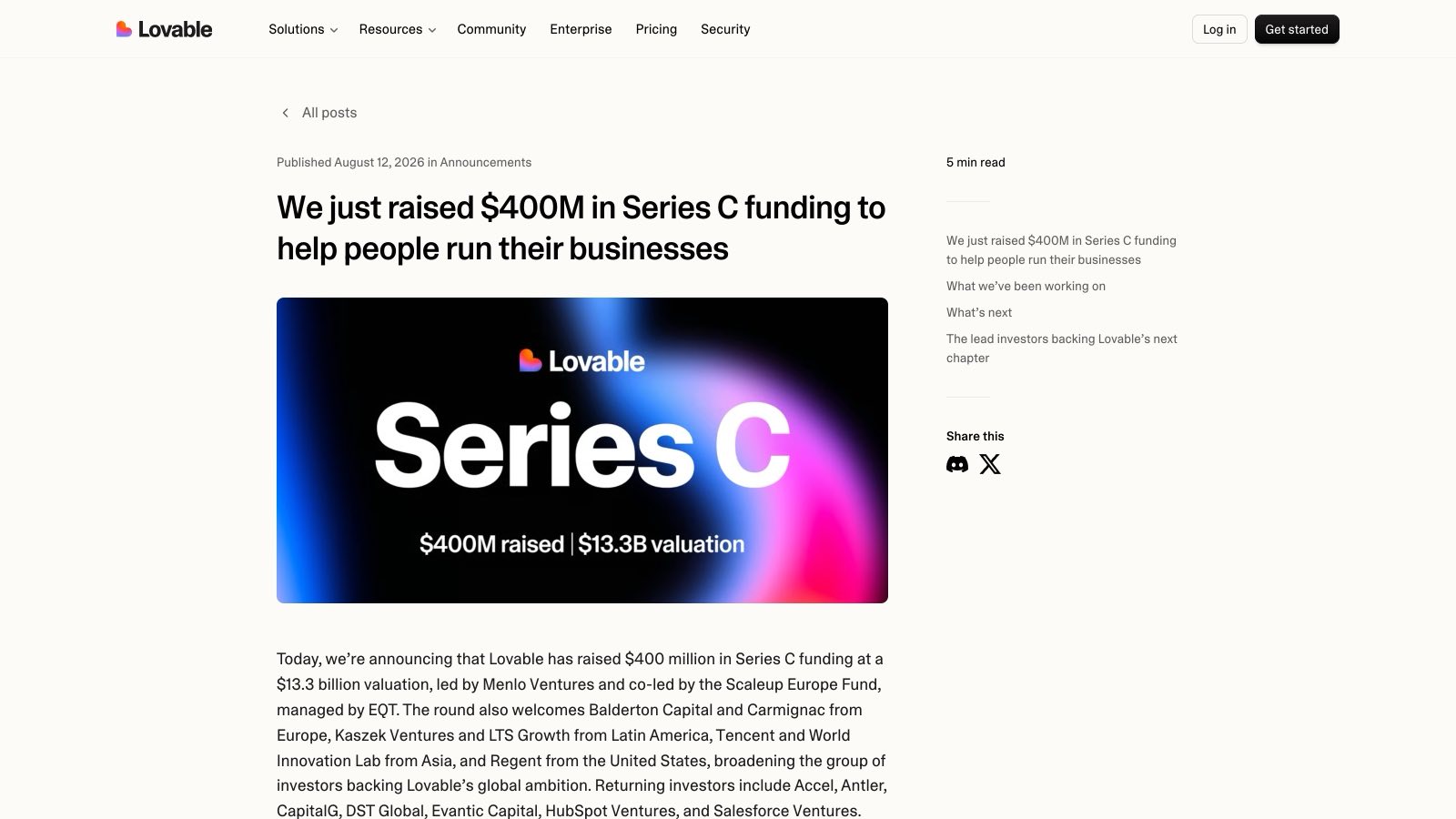 L'annonce officielle de la série C sur le blog de Lovable, le 12 août 2026 : 400 millions de dollars levés, 13,3 milliards de valorisation.