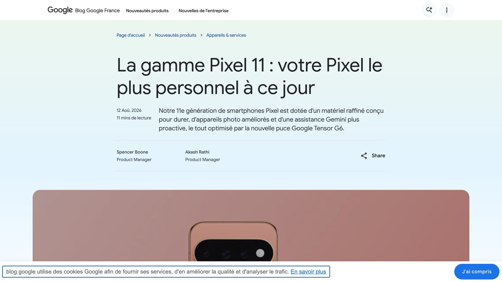 L'annonce officielle de la gamme Pixel 11 sur le blog de Google France, le 12 août 2026.