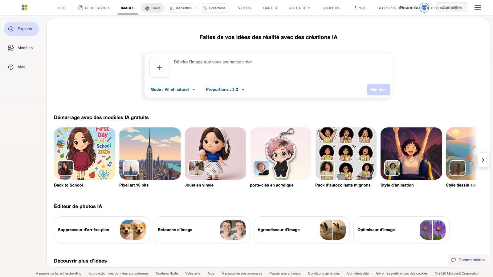 L'interface francophone de Bing Image Creator, l'accès gratuit à la famille MAI-Image, avec ses vitesses rapide et standard.