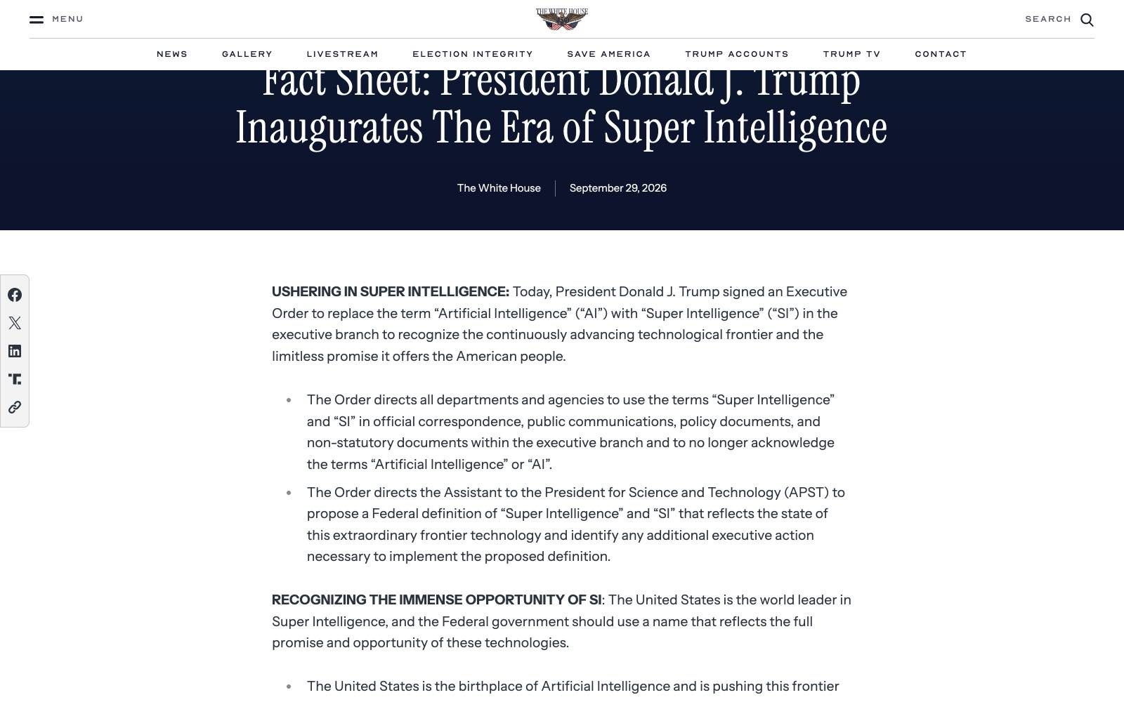Le fact sheet officiel de la Maison-Blanche publié le 29 septembre 2026 pour le décret de renommage signé le même jour que l'accord ; l'accord lui-même, diffusé via Truth Social, n'a pas de page dédiée sur whitehouse.gov (capture d'écran).