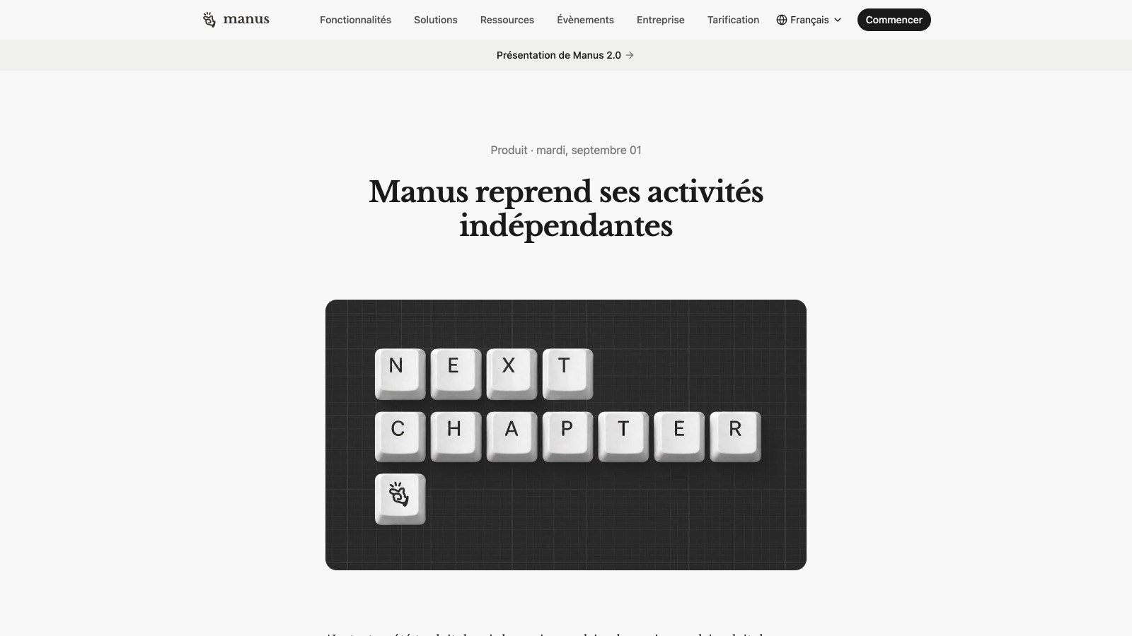 Le billet officiel « Manus reprend ses activités indépendantes », publié le 1er septembre 2026 et rendu en français.