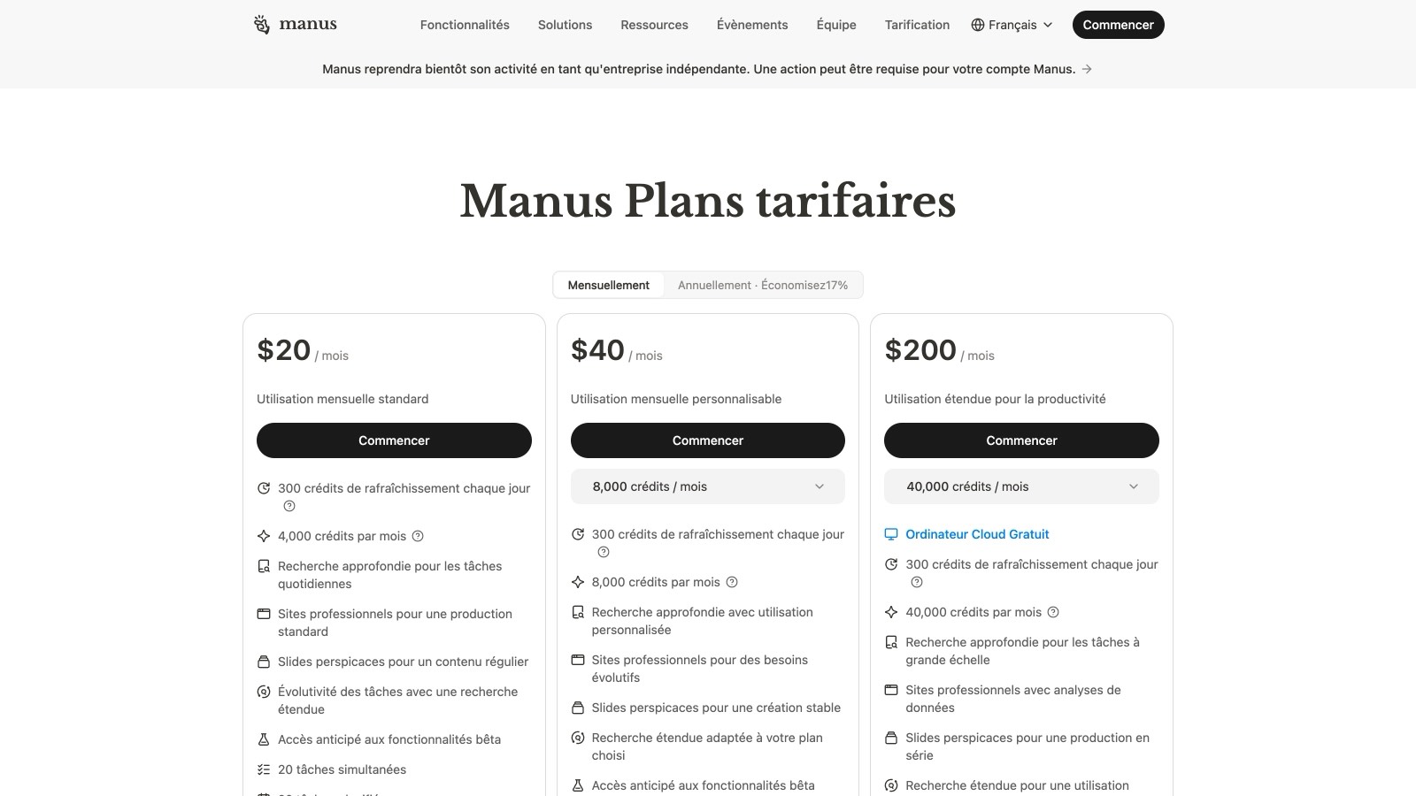 La grille tarifaire officielle de Manus au 20 août 2026 : Standard à 20 $, Pro à 40 $ et Extended à 200 $ par mois.
