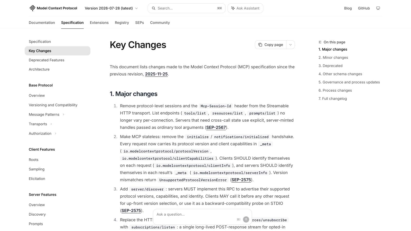 La page « Key Changes » de la spécification MCP annonce la suppression des sessions et de l'en-tête Mcp-Session-Id.