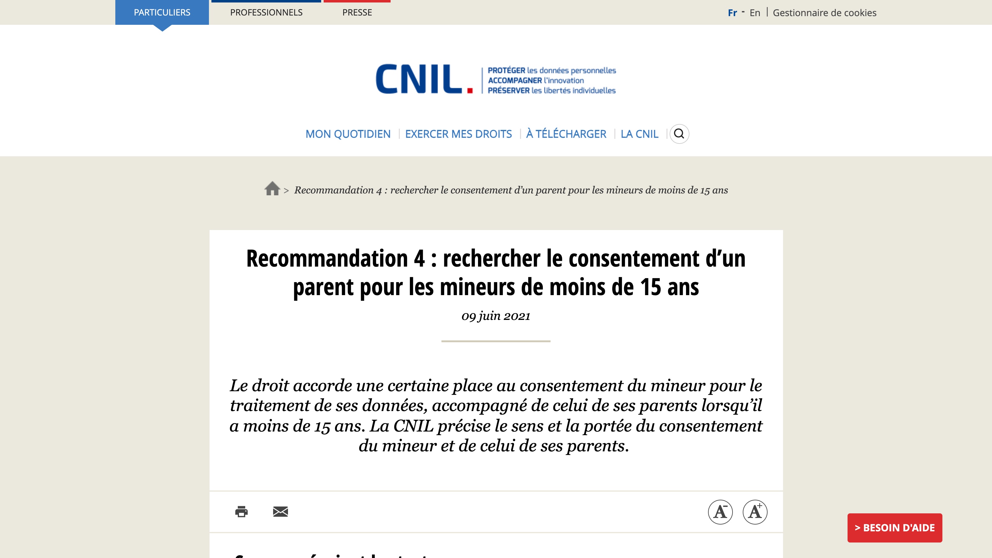 La recommandation de la CNIL sur le consentement parental pour les mineurs de moins de 15 ans, datée du 9 juin 2021.