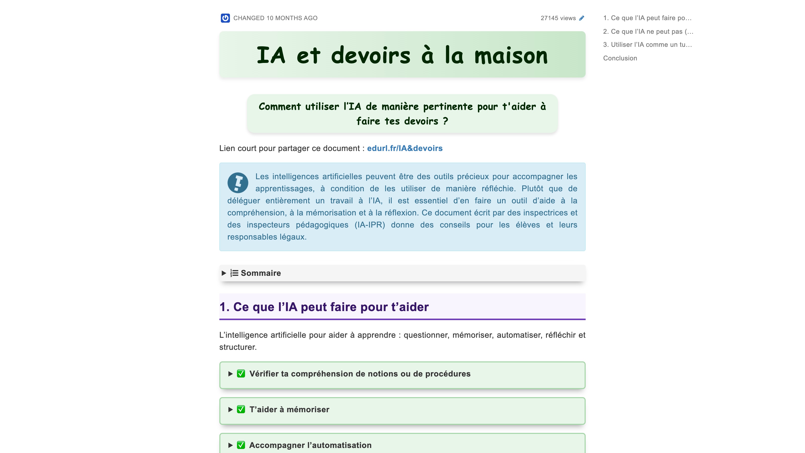 « IA et devoirs à la maison », document élèves et familles du groupe IA-IPR de l'académie de Paris.
