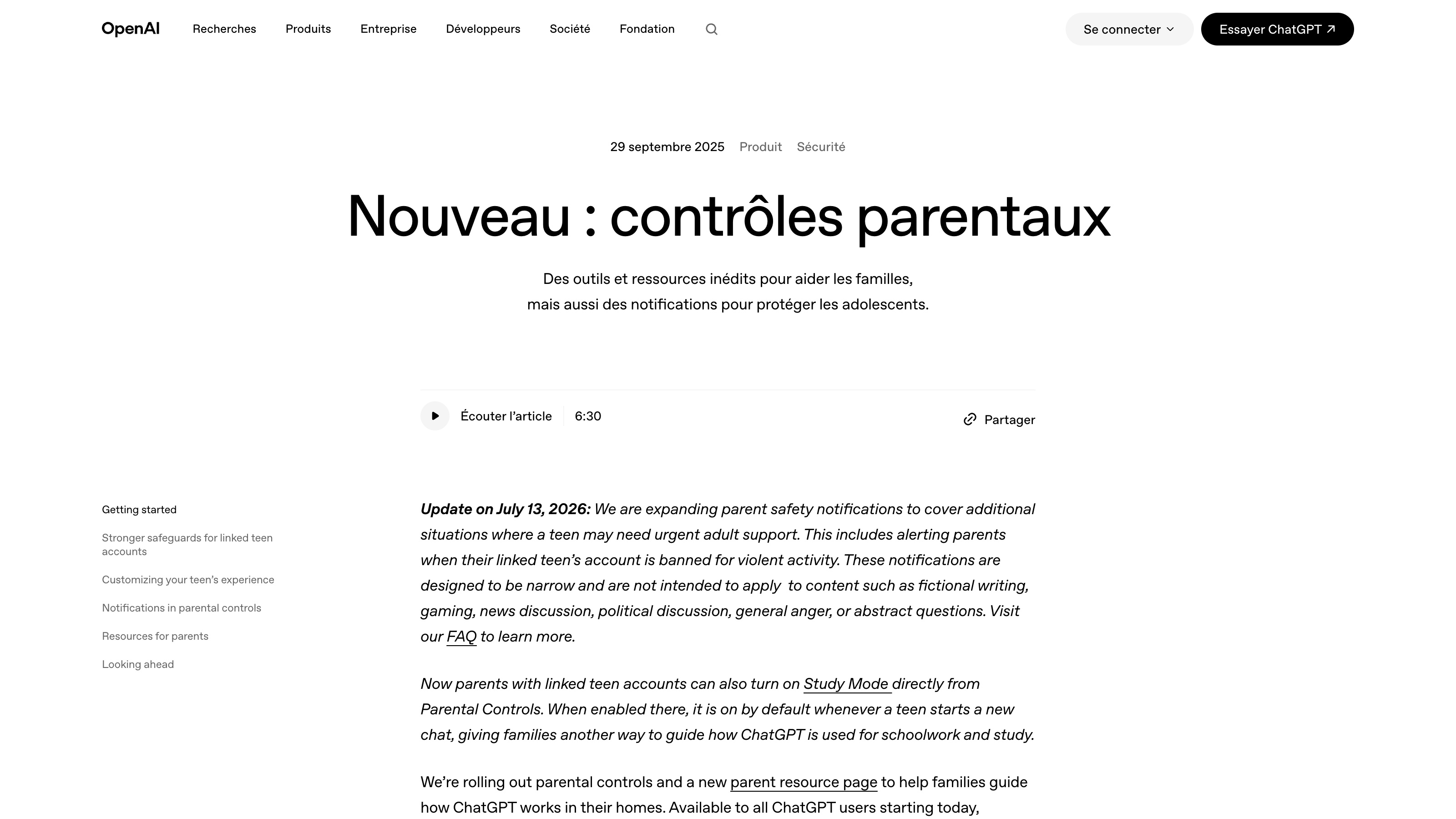 « Nouveau : contrôles parentaux », le billet officiel d'OpenAI daté du 29 septembre 2025.