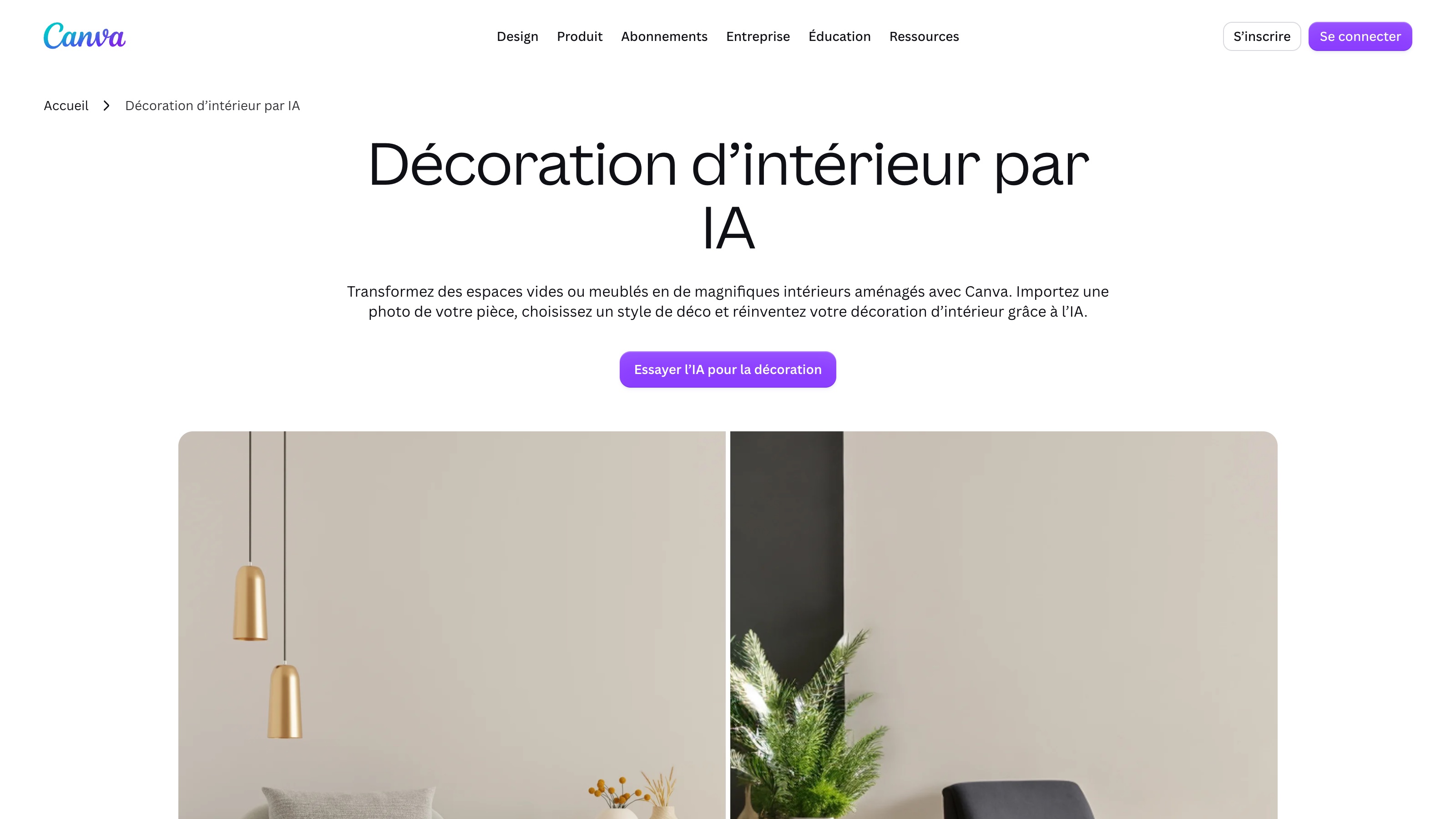 La page « Décoration d'intérieur par IA » de Canva, en français.