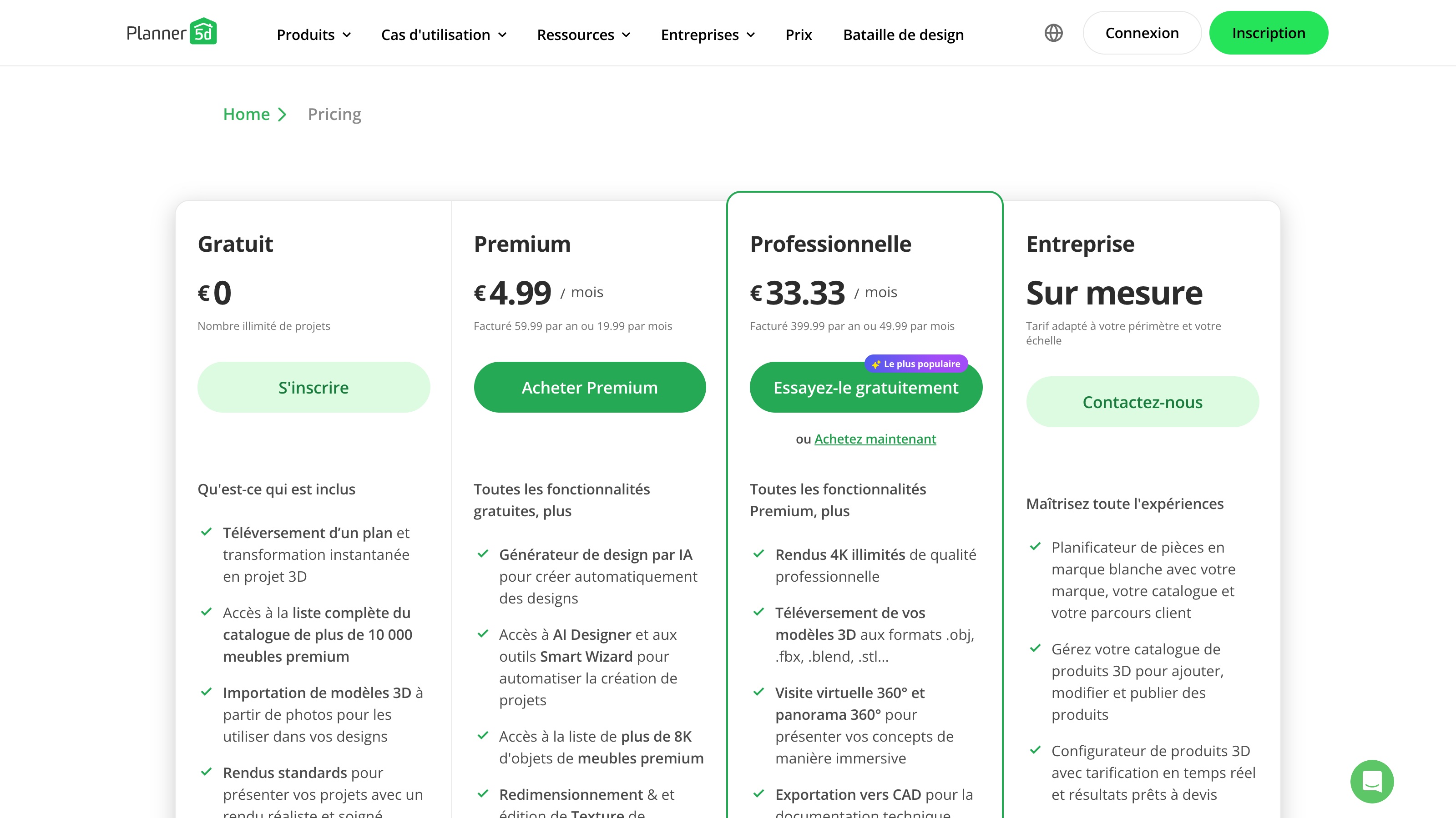 Les offres de Planner 5D en français : Gratuit à 0 €, Premium à 4,99 € par mois, Professionnelle à 33,33 €.