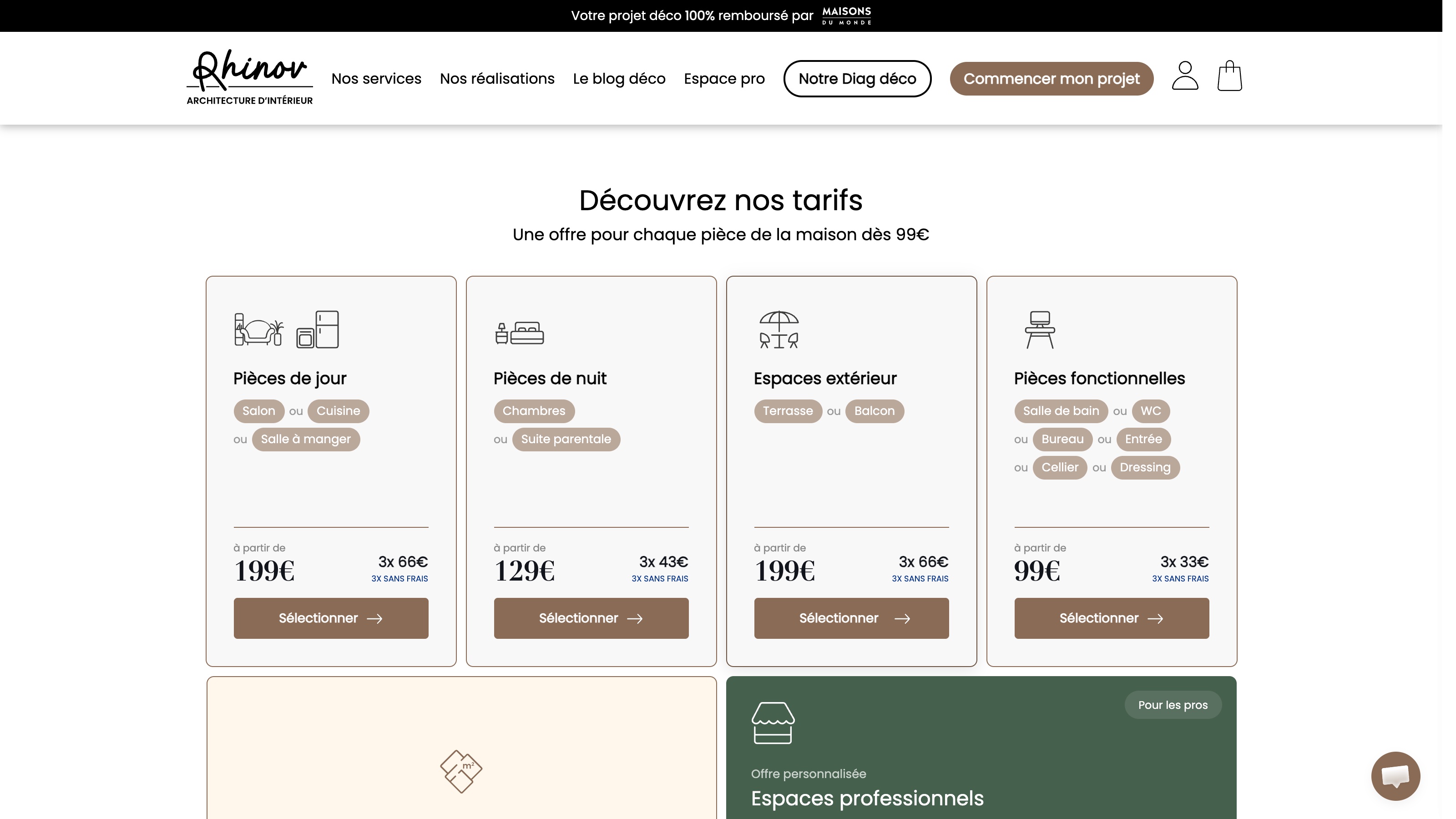 La page tarifs de Rhinov, avec la bannière « Votre projet déco 100% remboursé par MAISONS DU MONDE » et des prix par pièce de 99 € à 199 €.