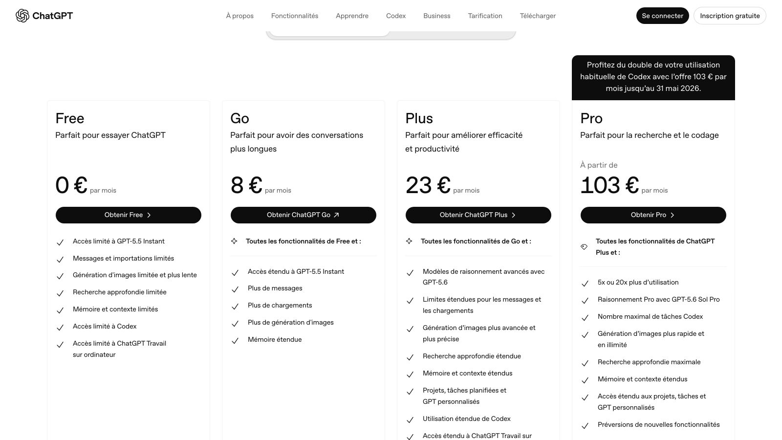 Sur la page de tarifs française d'OpenAI, les tâches planifiées apparaissent à partir de l'offre Plus, à 23 € par mois.