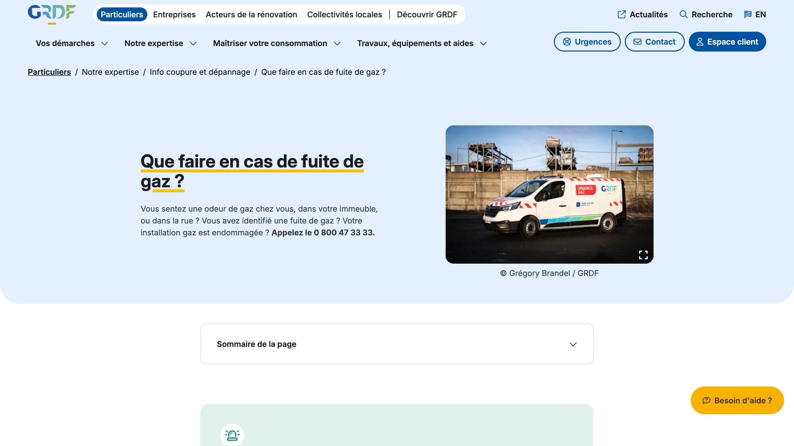 La page GRDF « Fuite de gaz : les bons réflexes » affiche le numéro vert 0 800 47 33 33.