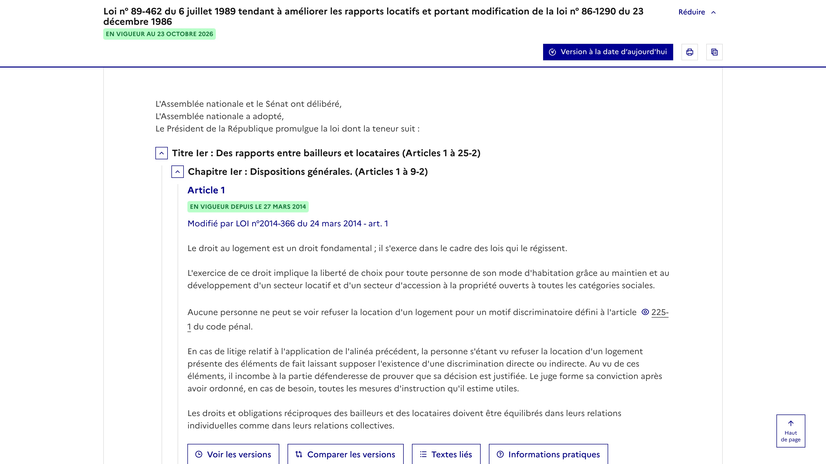 Le texte consolidé de la loi n° 89-462 sur Légifrance, avec le badge « en vigueur au 23 octobre 2026 ».