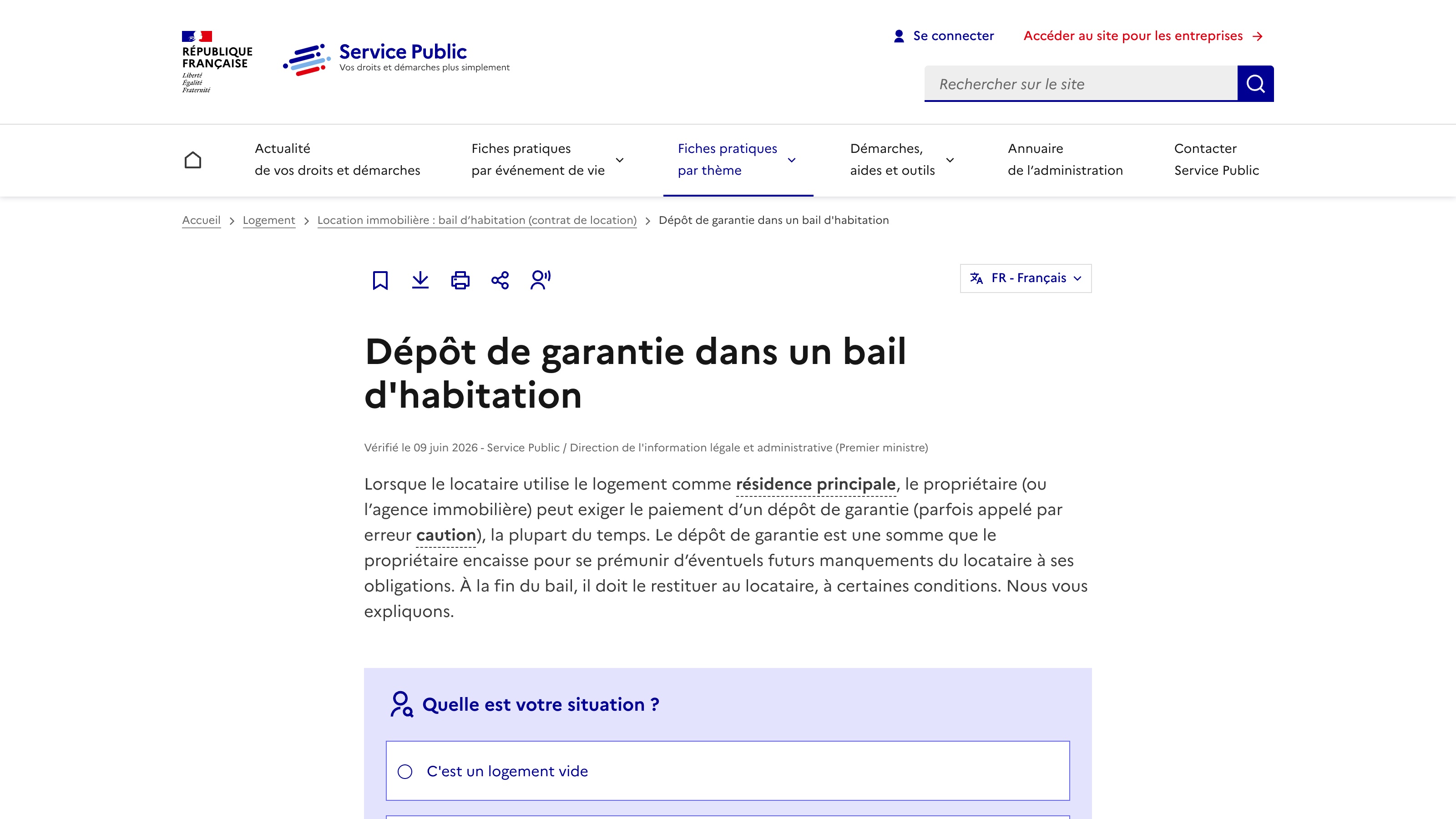 La fiche service-public.fr sur le dépôt de garantie, avec sa mention « Vérifié le 09 juin 2026 ».