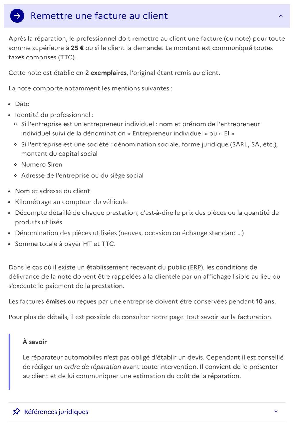 La fiche service-public.fr du réparateur automobile, accordéon « Remettre une facture au client » déplié : la facture obligatoire au-delà de 25 €, les mentions de la note et l'encadré « Le réparateur automobiles n'est pas obligé d'établir un devis » (page consultée le 27 octobre 2026).