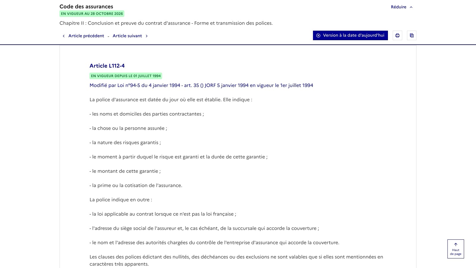 L'article L112-4 du Code des assurances sur Légifrance, avec le badge « en vigueur au 28 octobre 2026 » et la règle des exclusions en bas de page.