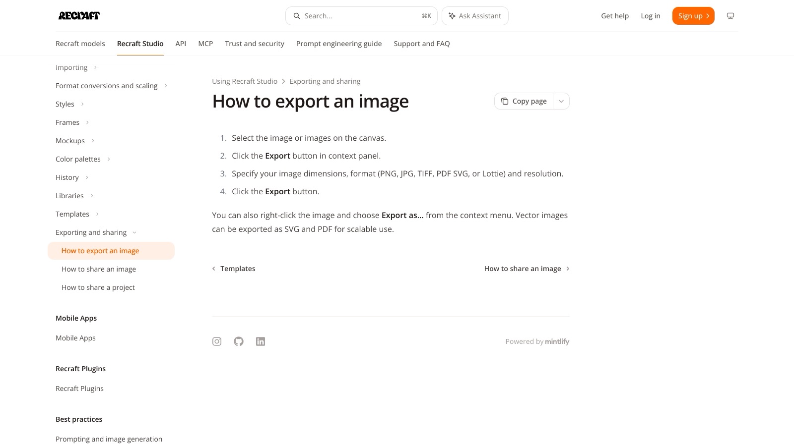 La documentation officielle de Recraft liste SVG parmi les formats d'export, et précise que les images vectorielles sortent en SVG et PDF.