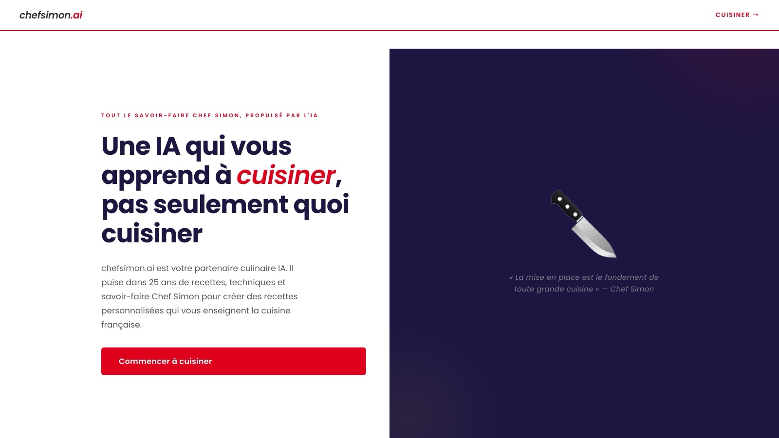 L'accueil de chefsimon.ai en français : l'IA s'appuie sur le corpus Chef Simon et propose un champ « Ce que j'ai sous la main ».