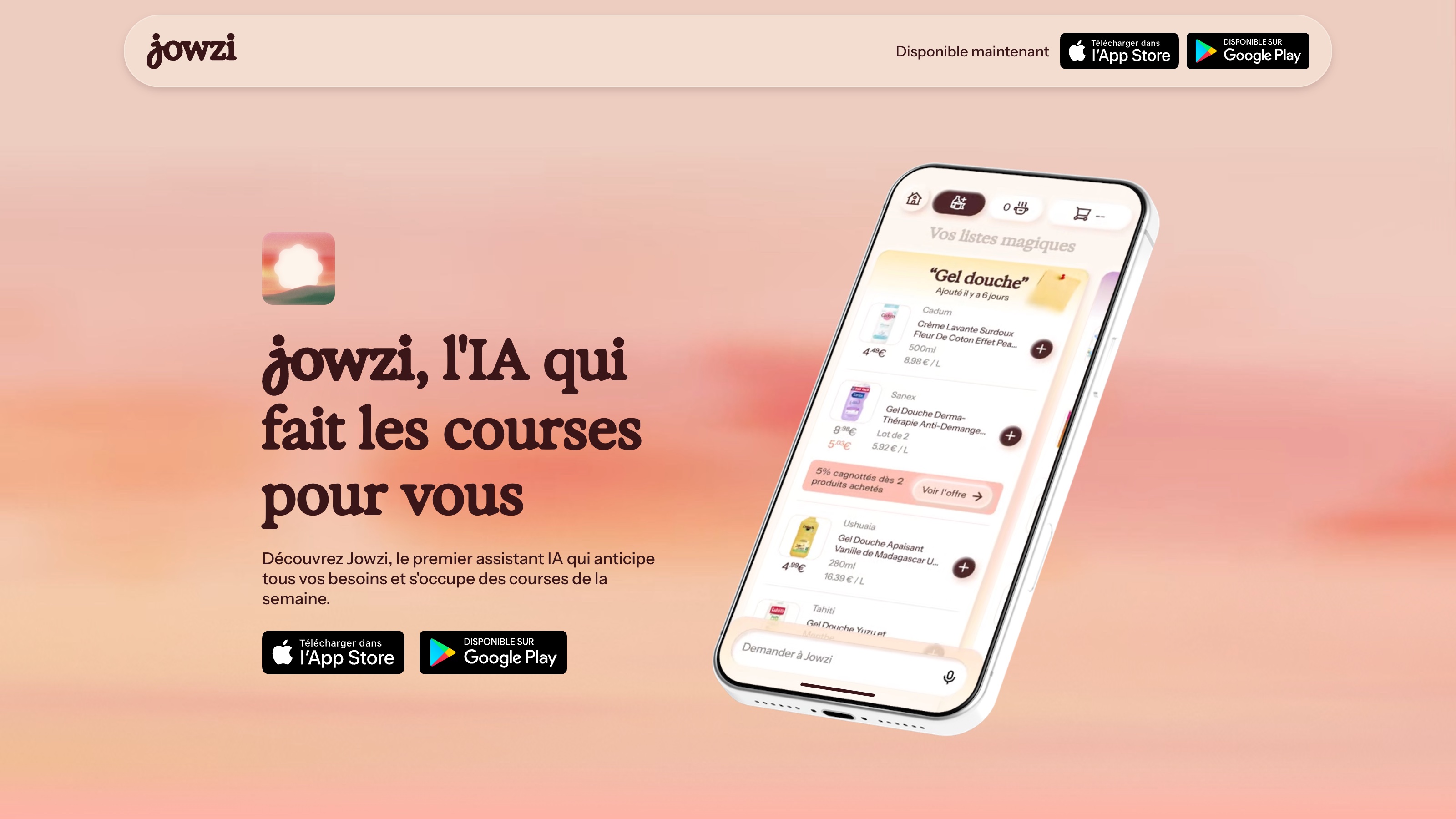 L'accueil de jowzi.ai en français : l'assistant de courses de Jow est disponible sur l'App Store et Google Play.