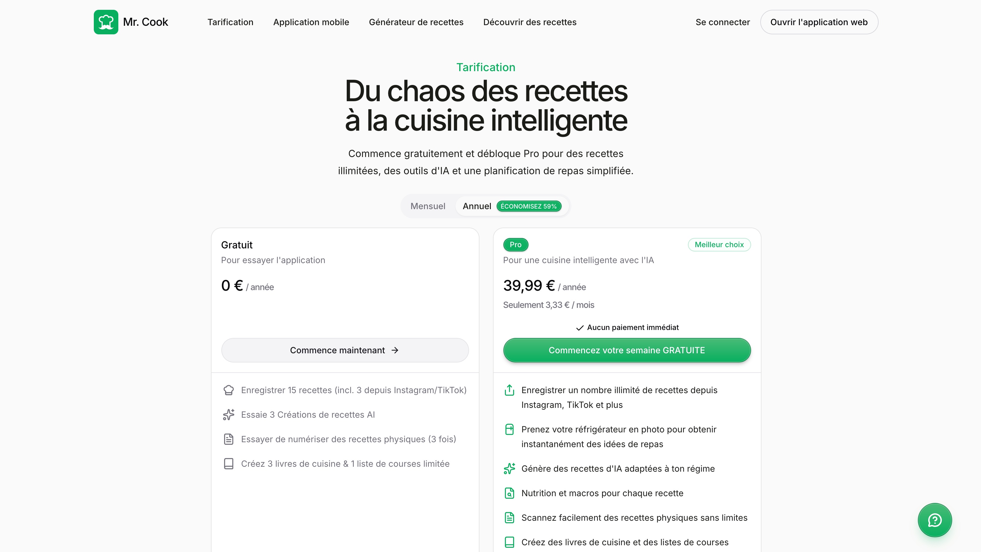 La page tarifs de Mr. Cook, rendue en français : offre gratuite limitée et abonnement Pro à 39,99 € par an.