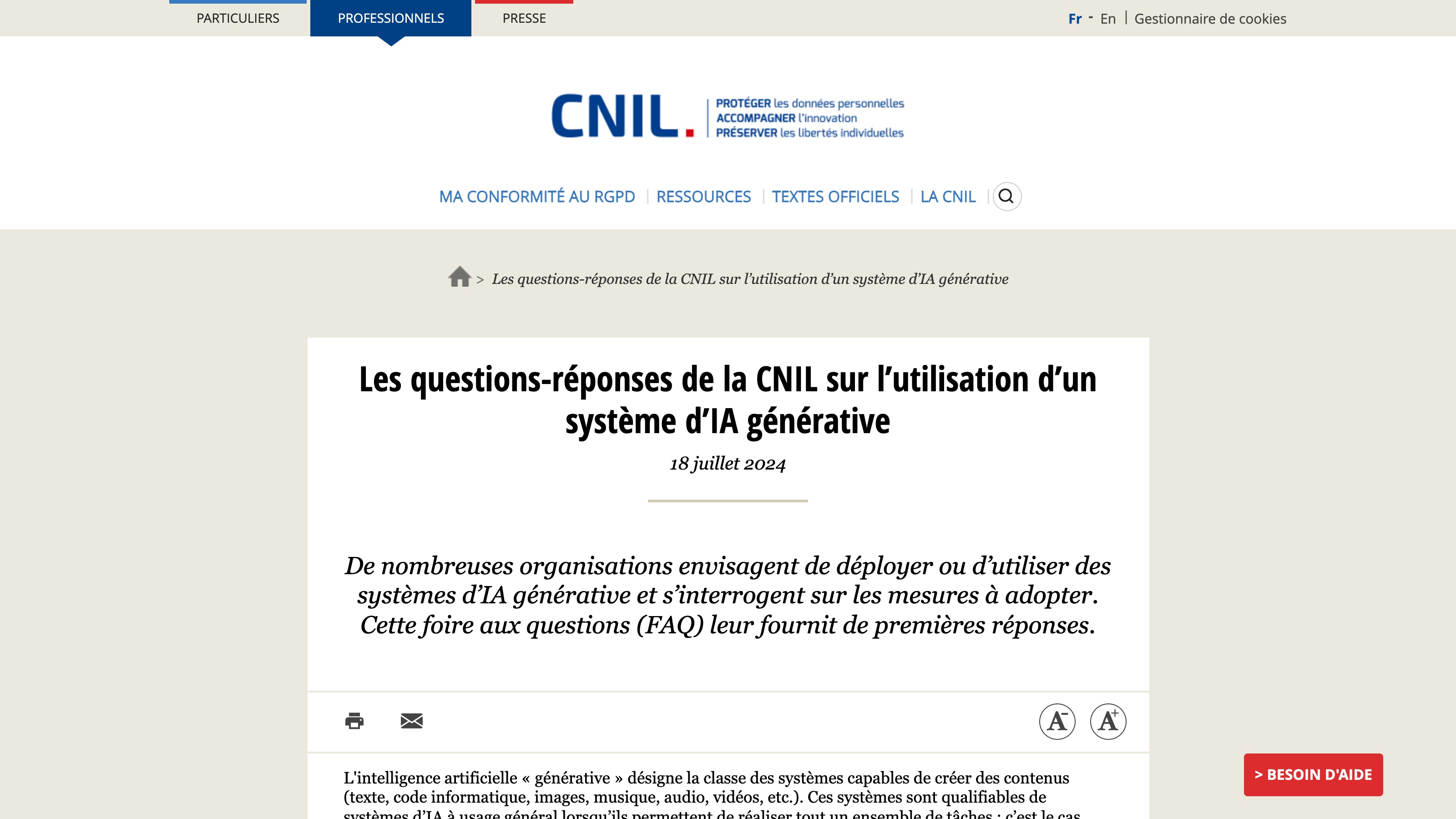 Les questions-réponses de la CNIL sur l'utilisation d'un système d'IA générative, page publiée le 18 juillet 2024.