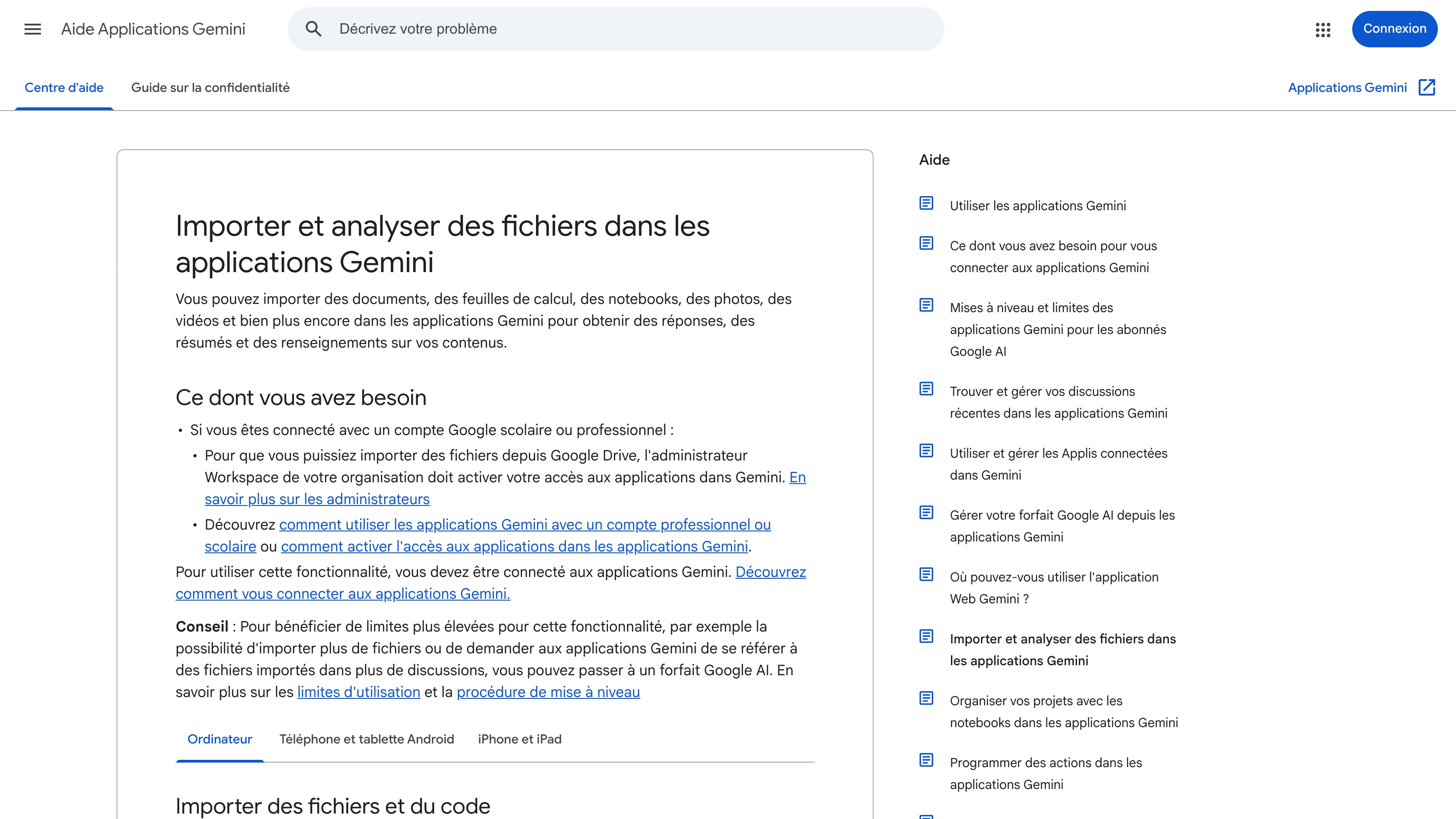 La page d'aide française de Gemini liste les fichiers acceptés dans les applications Gemini, photos comprises, et renvoie aux forfaits Google AI pour des limites plus élevées.