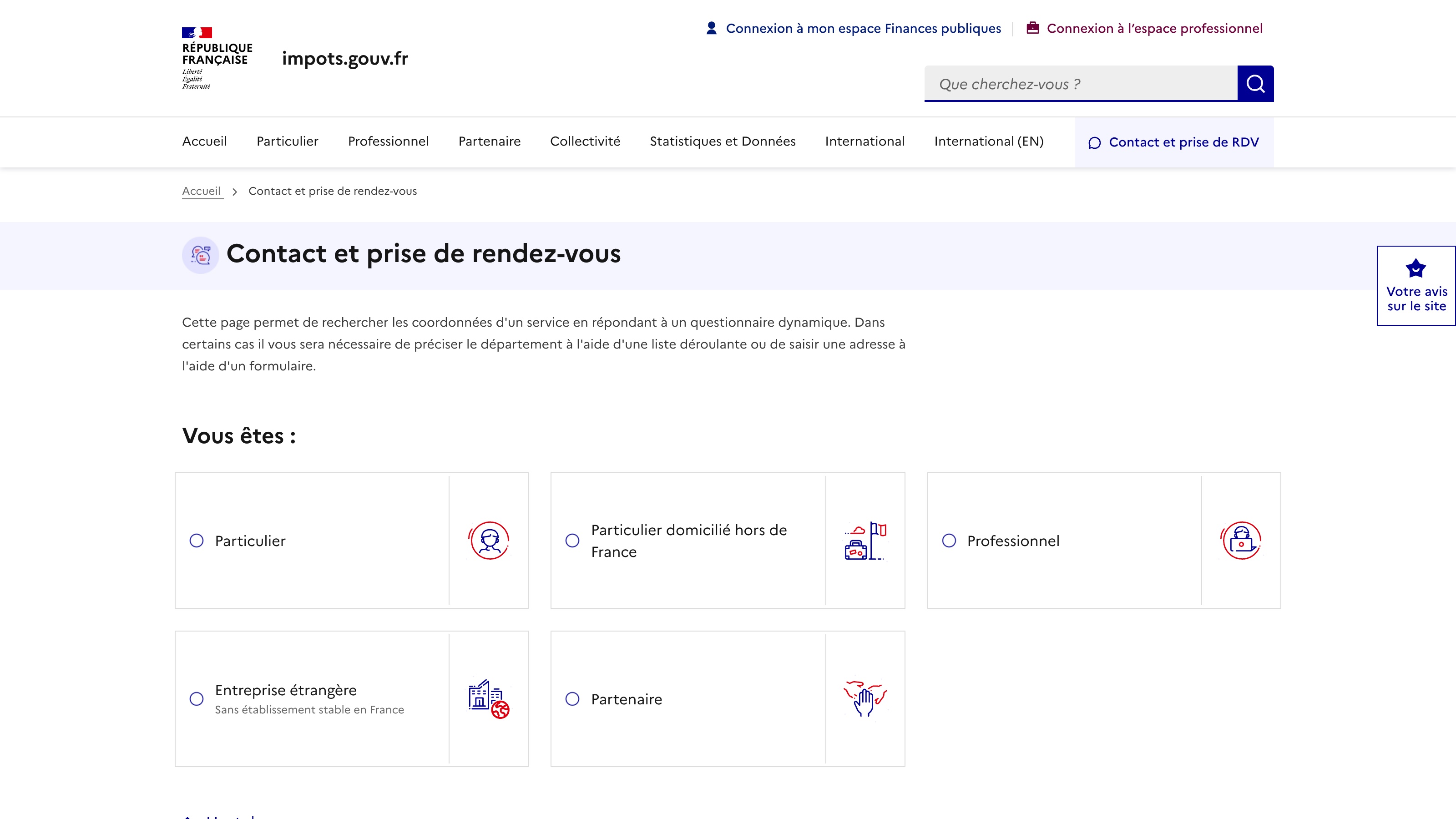 La page « Contact et prise de rendez-vous » d'impots.gouv.fr : le questionnaire demande le profil, puis la nature de la demande.