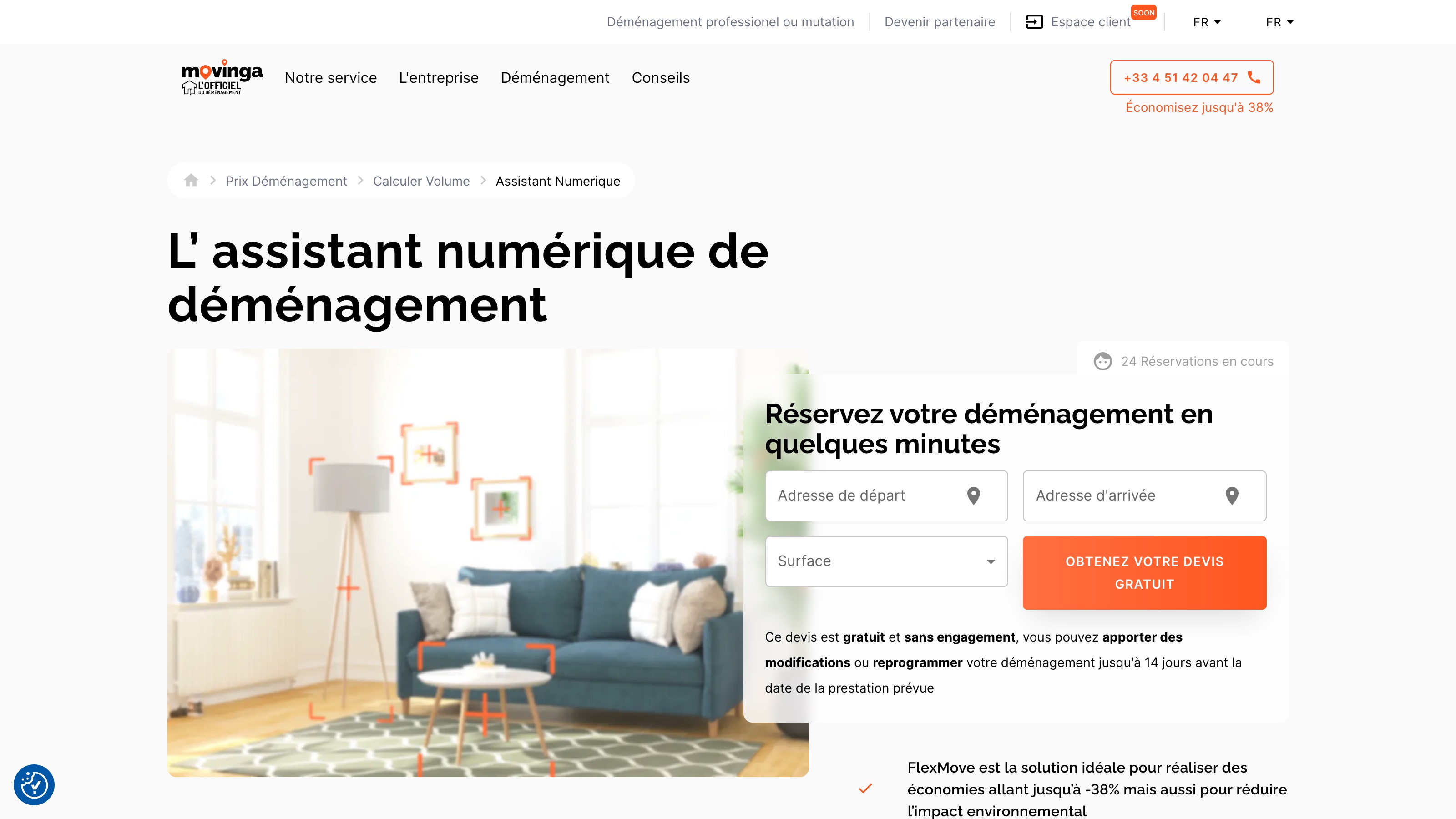 La page de Movinga présente son assistant numérique de déménagement, avec le formulaire de devis