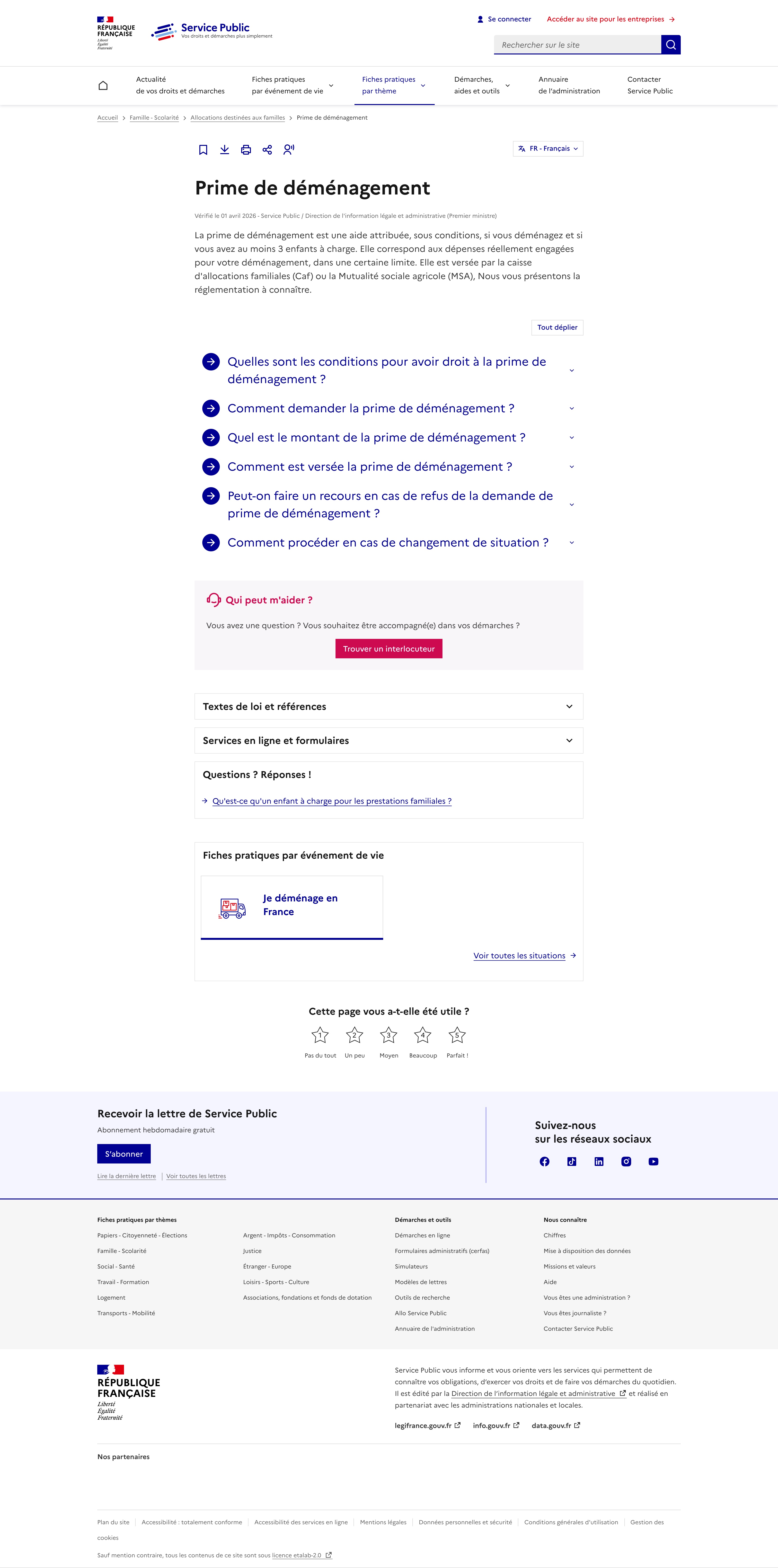 La fiche officielle de la prime de déménagement