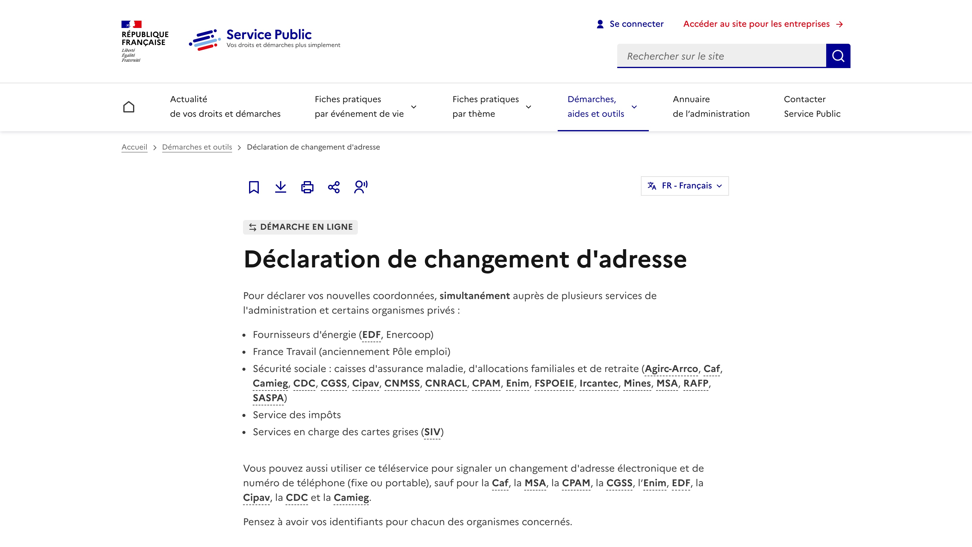 Le téléservice officiel Déclaration de changement d'adresse, avec la liste des organismes prévenus