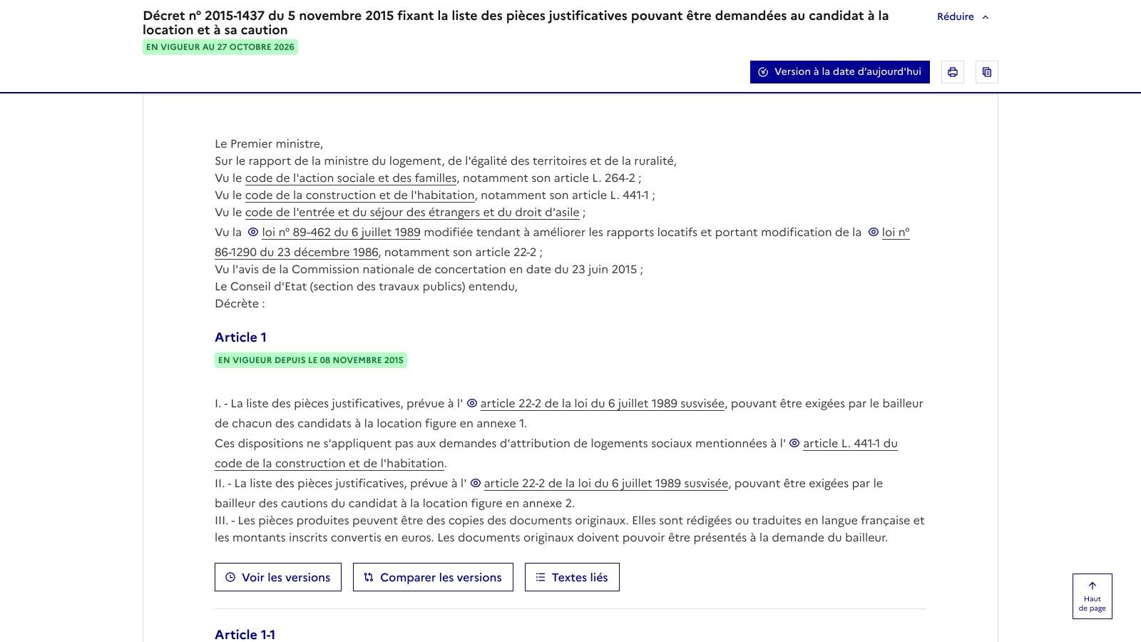 Le décret n° 2015-1437 du 5 novembre 2015 sur Légifrance, avec le badge « en vigueur au 27 octobre 2026 » et l'article 1 qui renvoie aux annexes 1 et 2 (consultation du 27 octobre 2026).