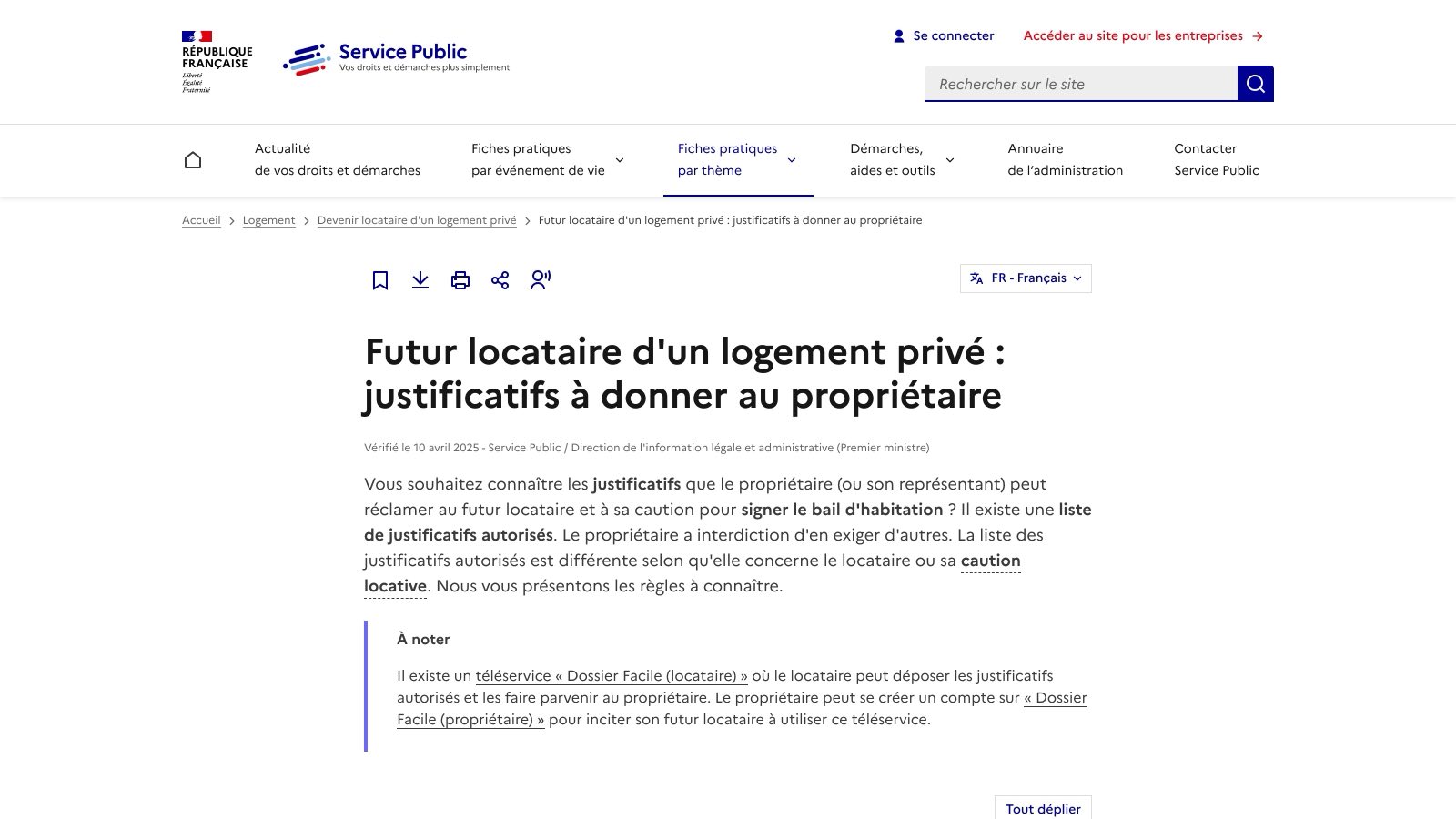 La fiche service-public.fr « Futur locataire d'un logement privé : justificatifs à donner au propriétaire », vérifiée le 10 avril 2025, avec son encadré sur le téléservice Dossier Facile (consultée le 27 octobre 2026).