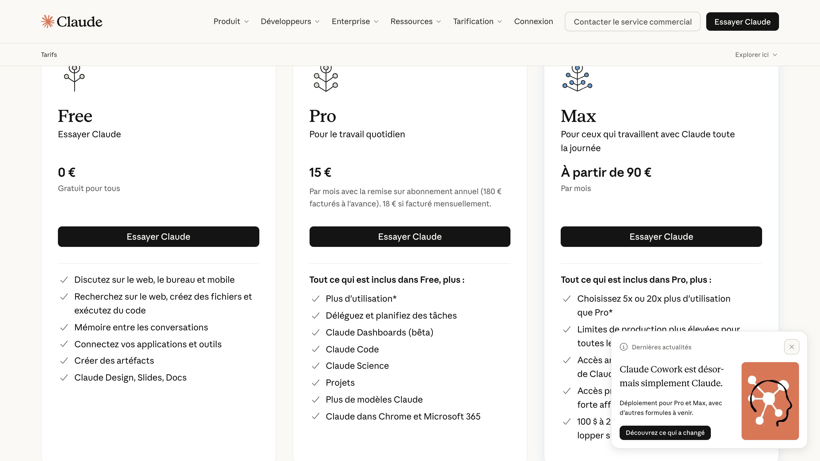 La page des tarifs de Claude au 16 octobre 2026 : Free à 0 € avec mémoire inclus, Pro à 15 € par mois en annuel ou 18 € au mois, Max à partir de 90 € par mois.