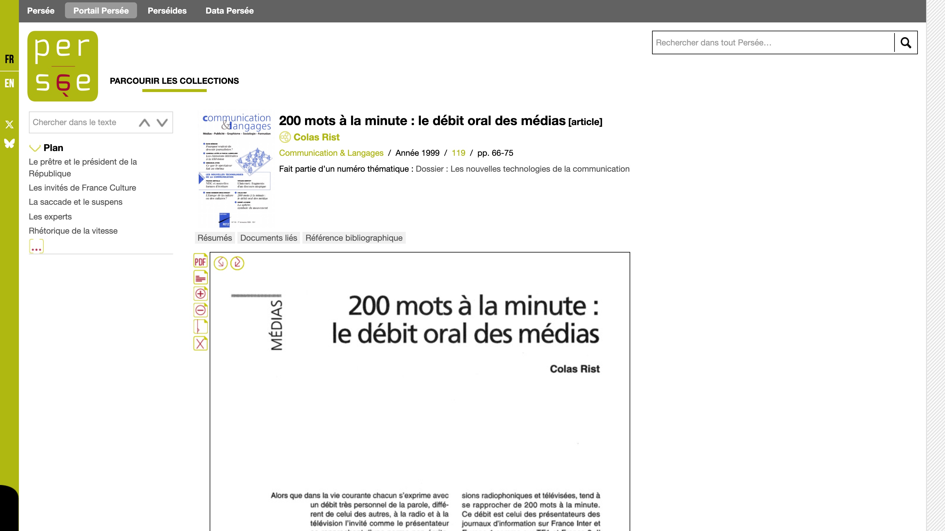 Première page de « 200 mots à la minute : le débit oral des médias », article de Colas Rist paru dans Communication & Langages n°119 en 1999, consultable sur Persée.