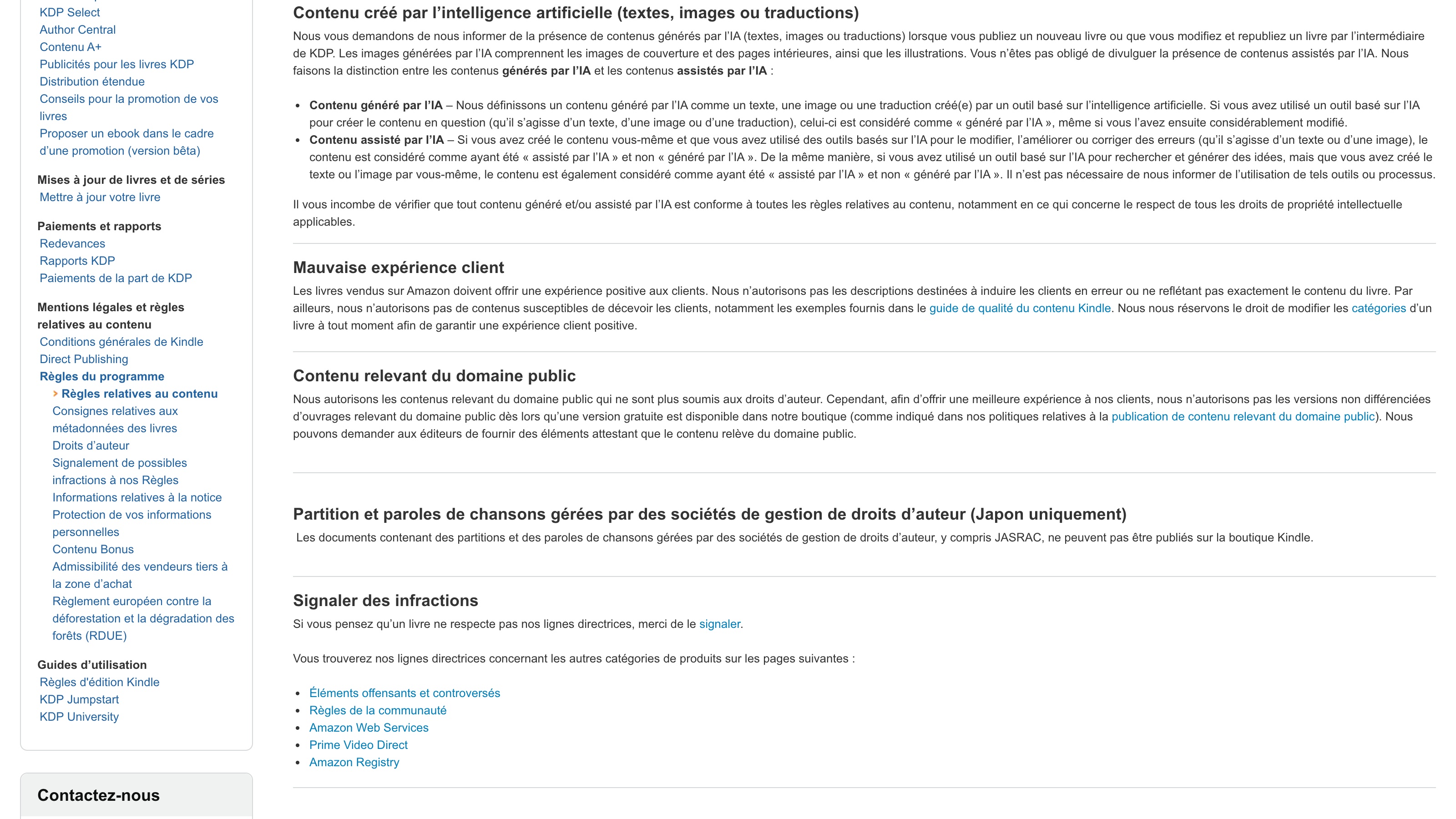 Règles relatives au contenu de KDP : la section « Contenu créé par l'intelligence artificielle (textes, images ou traductions) » distingue le contenu « généré », à déclarer, du contenu « assisté », exempté de déclaration.