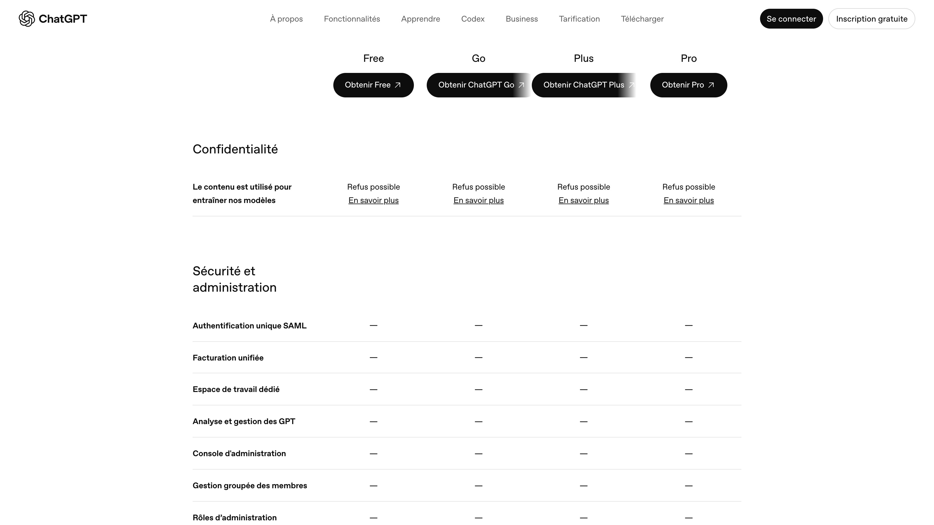 Sur la page tarifs de ChatGPT, l'usage du contenu pour entraîner les modèles s'affiche avec un refus possible, à activer soi-même dans les réglages.