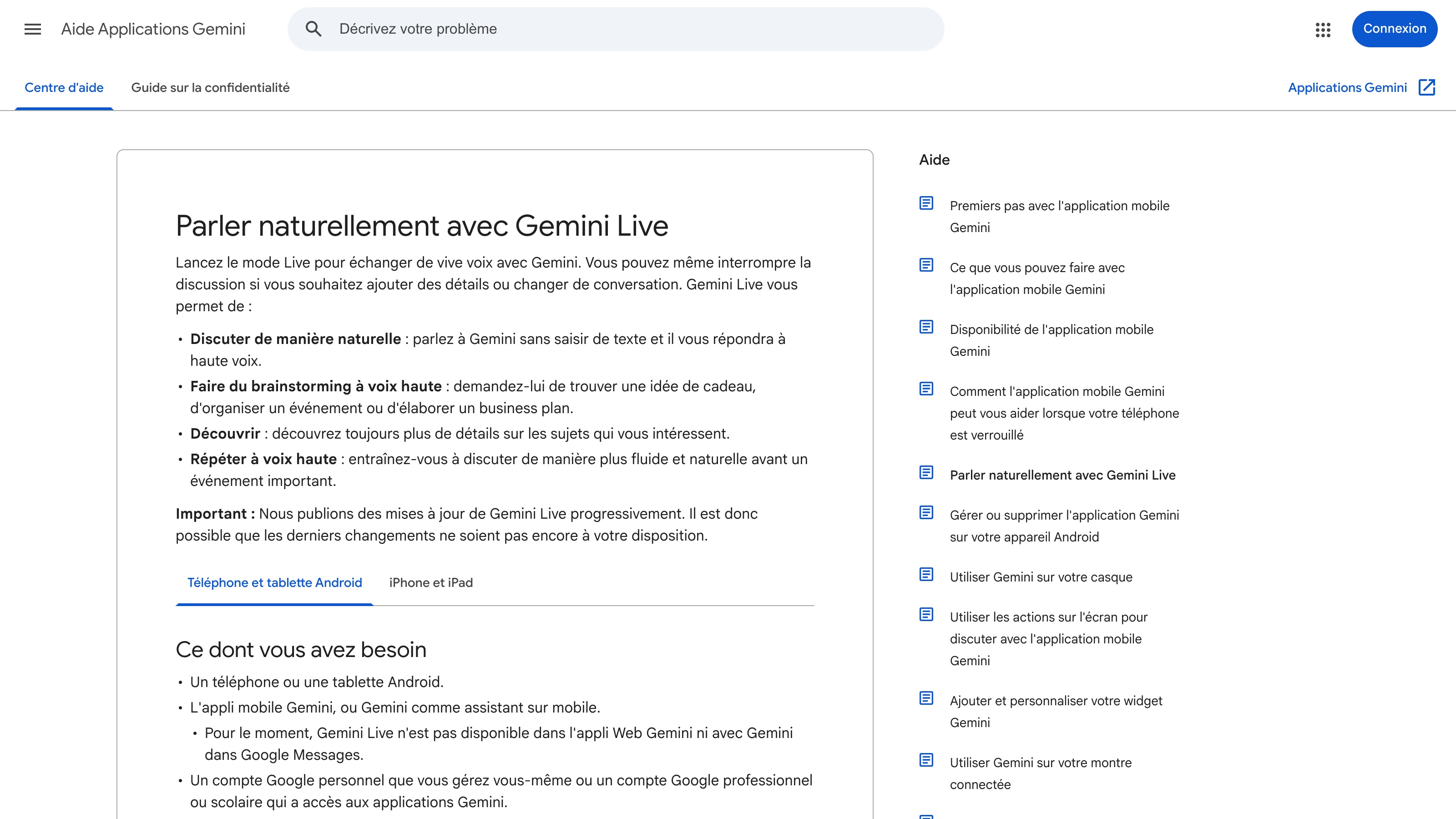 Le centre d'aide Google liste « Répéter à voix haute » parmi les usages de Gemini Live, disponible sur mobile.