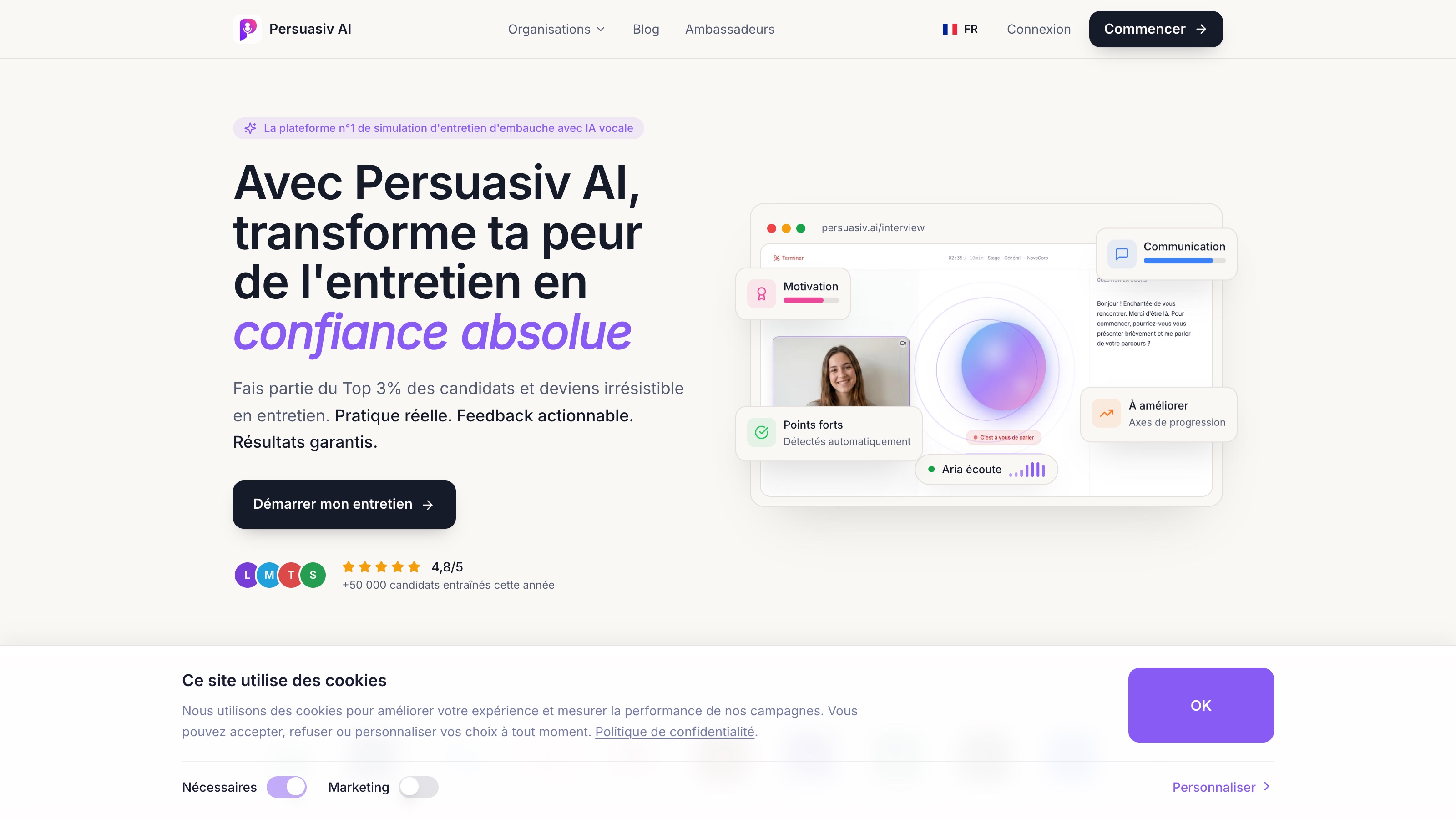 La page d'accueil de Persuasiv affiche 4,8/5 et plus de 50 000 candidats entraînés cette année, des chiffres d'éditeur sans base publiée.