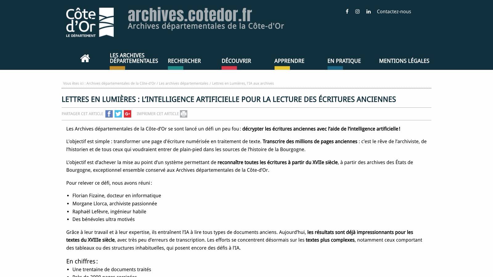 La page « Lettres en Lumières » des Archives départementales de la Côte-d'Or.