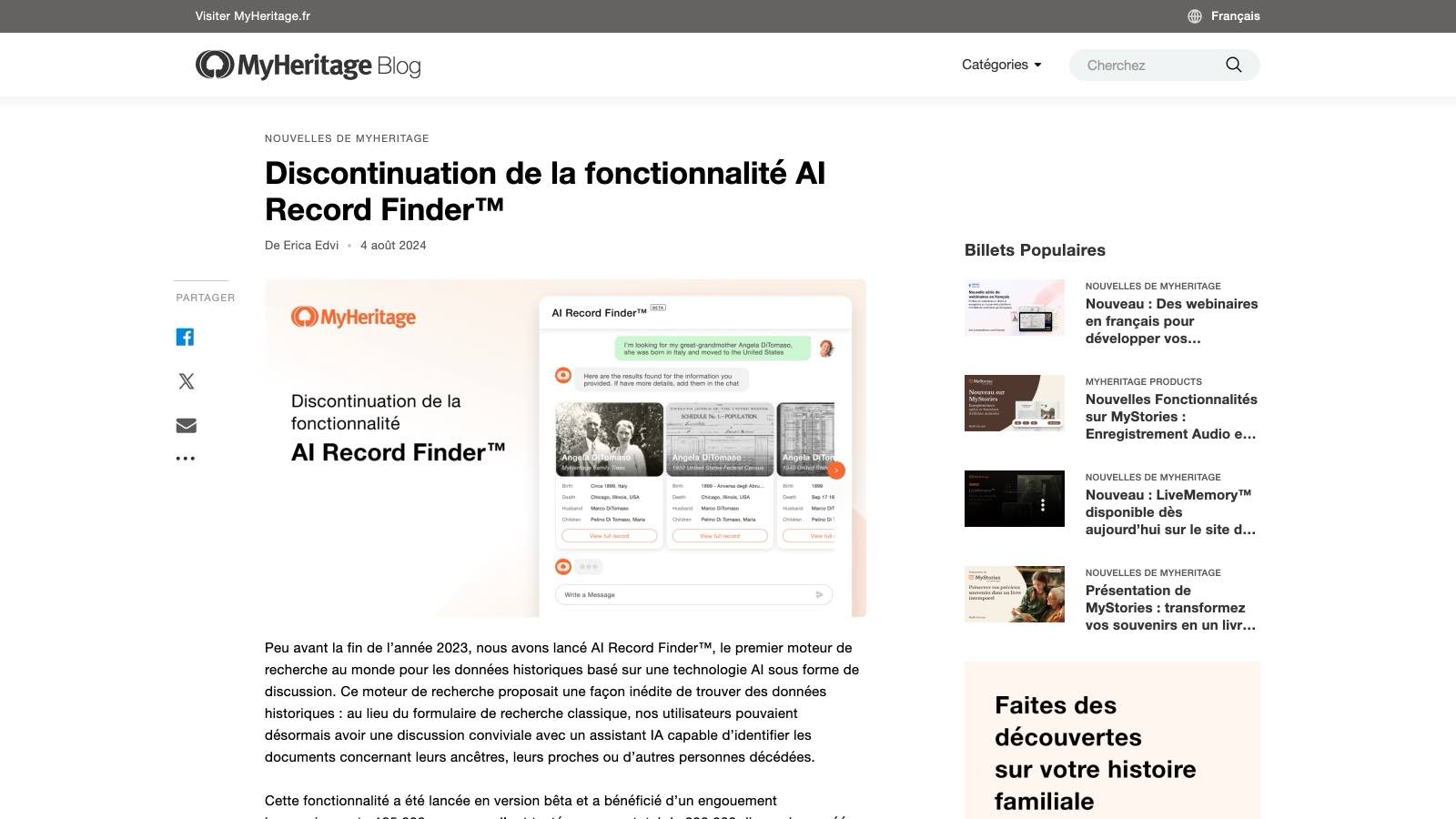 Le billet MyHeritage du 4 août 2024 sur la fin d'AI Record Finder™.