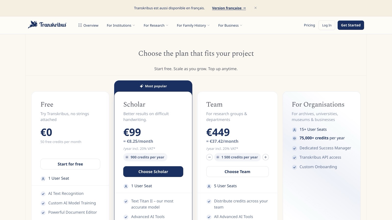 Les offres Transkribus : Free à 0 € et Scholar à 99 € par an.
