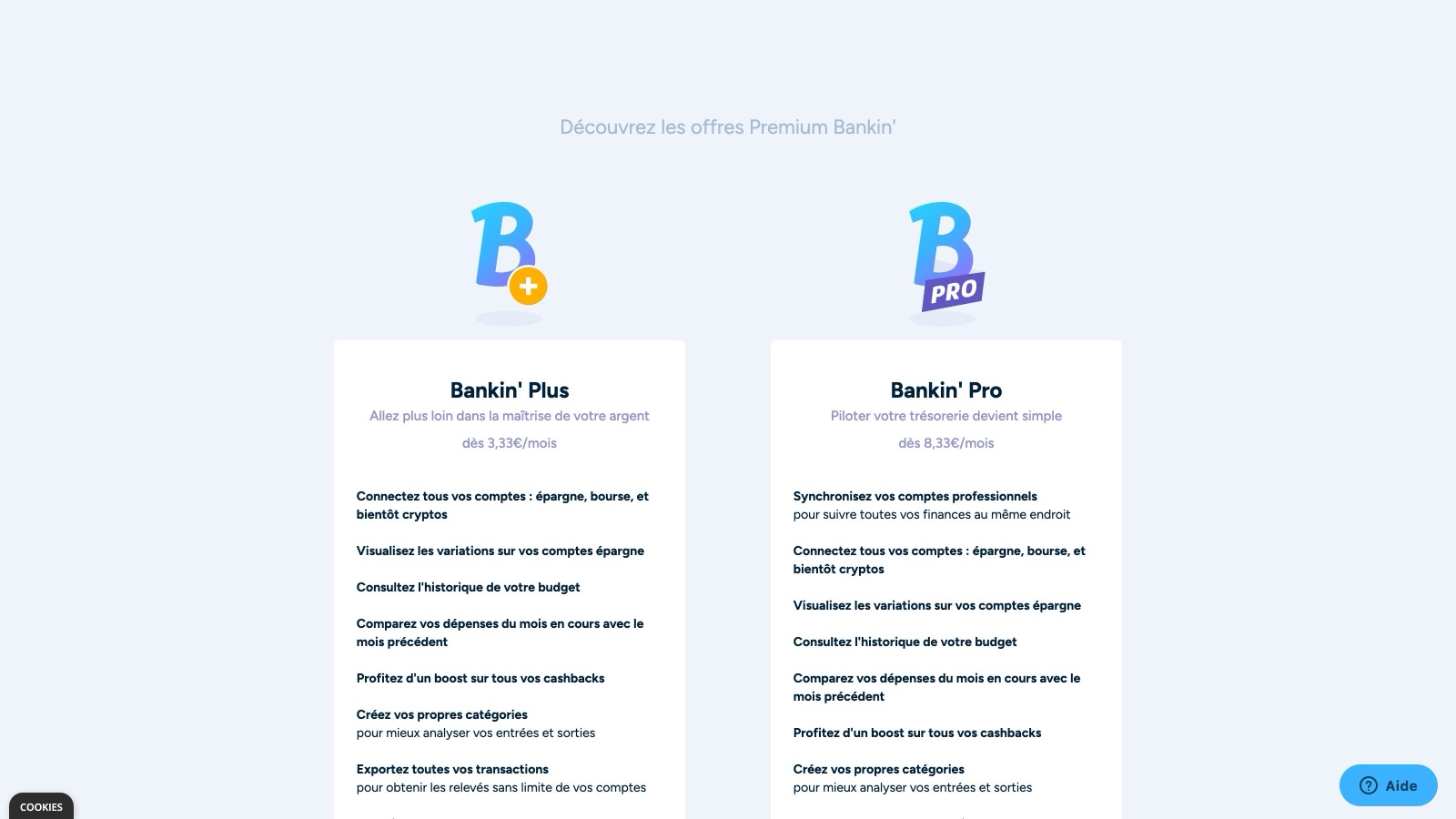 Les offres payantes de Bankin', Plus et Pro, sur la page tarifaire de l'éditeur (capture de bankin.com).