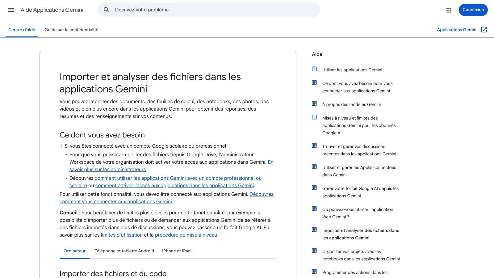 Les limites d'import de fichiers dans les applications Gemini (page d'aide Google).