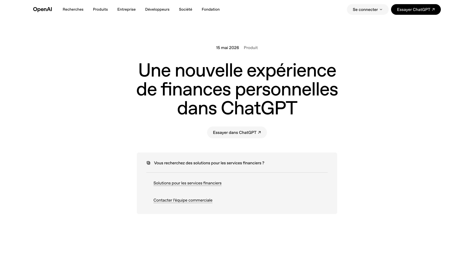 L'annonce d'OpenAI du 15 mai 2026, « Une nouvelle expérience de finances personnelles dans ChatGPT » (capture du site openai.com).